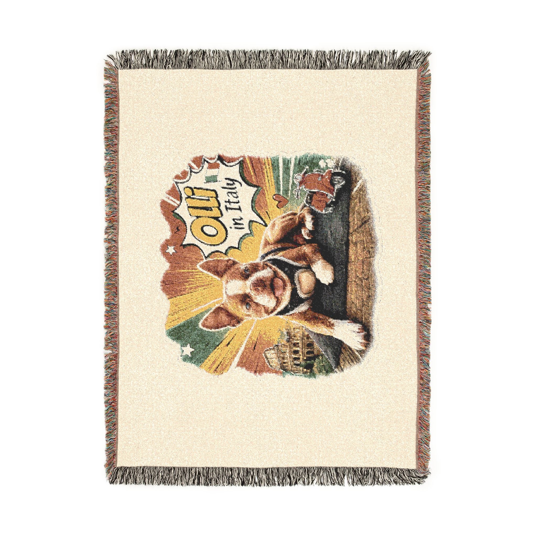 Olli in Italy dog illustration Woven Blanket | travel retro pet throw