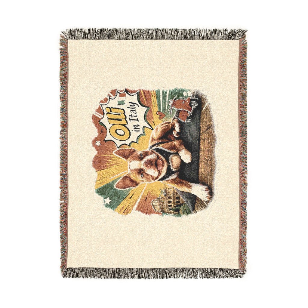 Olli in Italy dog illustration Woven Blanket | travel retro pet throw