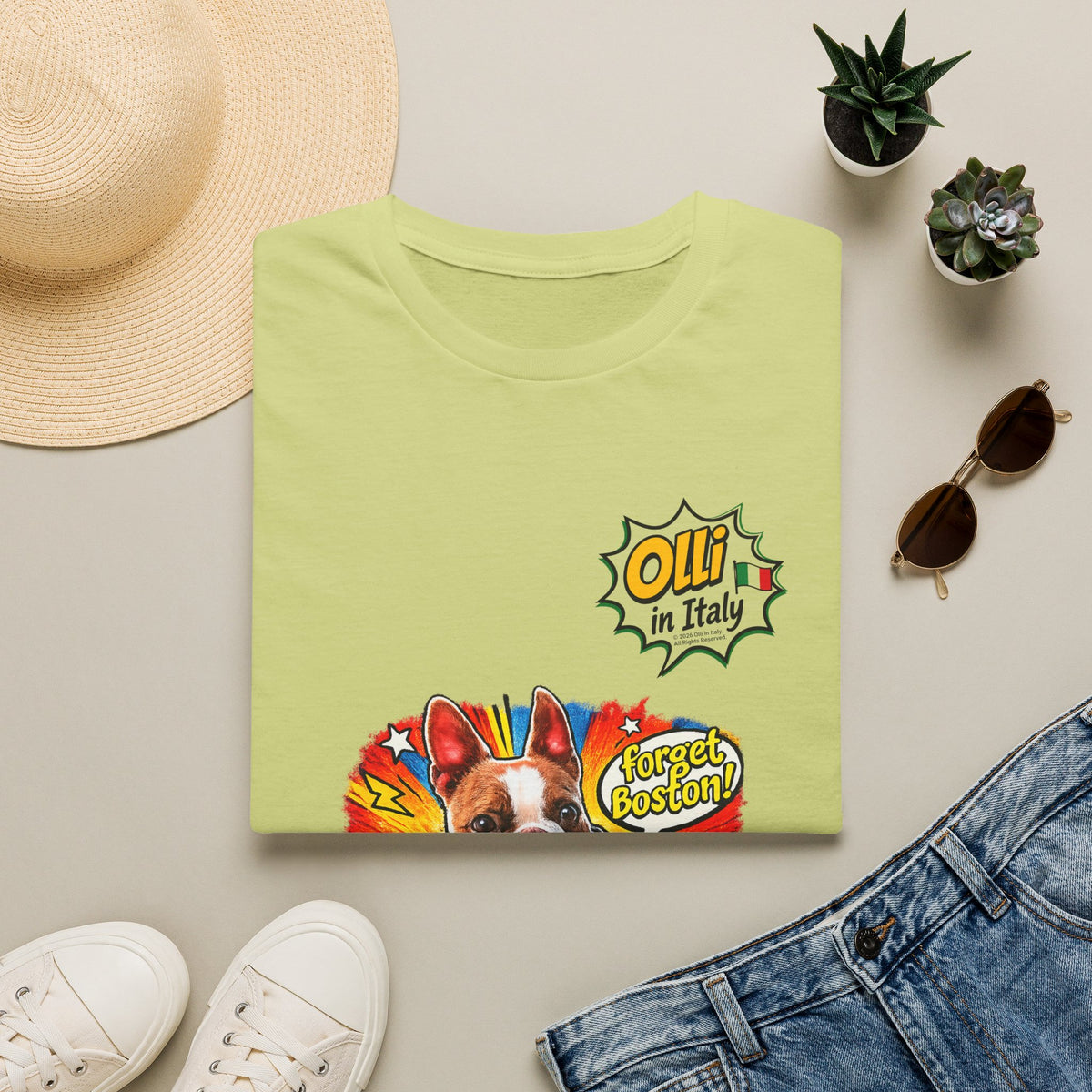 Olli in Italy "Forget Boston" Graphic T-Shirt — Colorful Dog Pop Art Tee