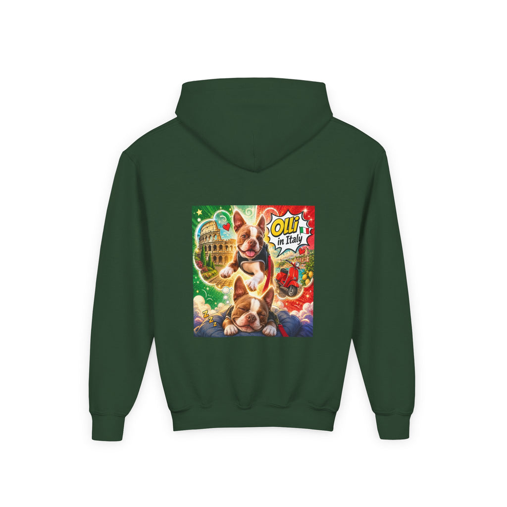Youth Hoodie — "Olli in Italy" Boston Terrier Sweatshirt