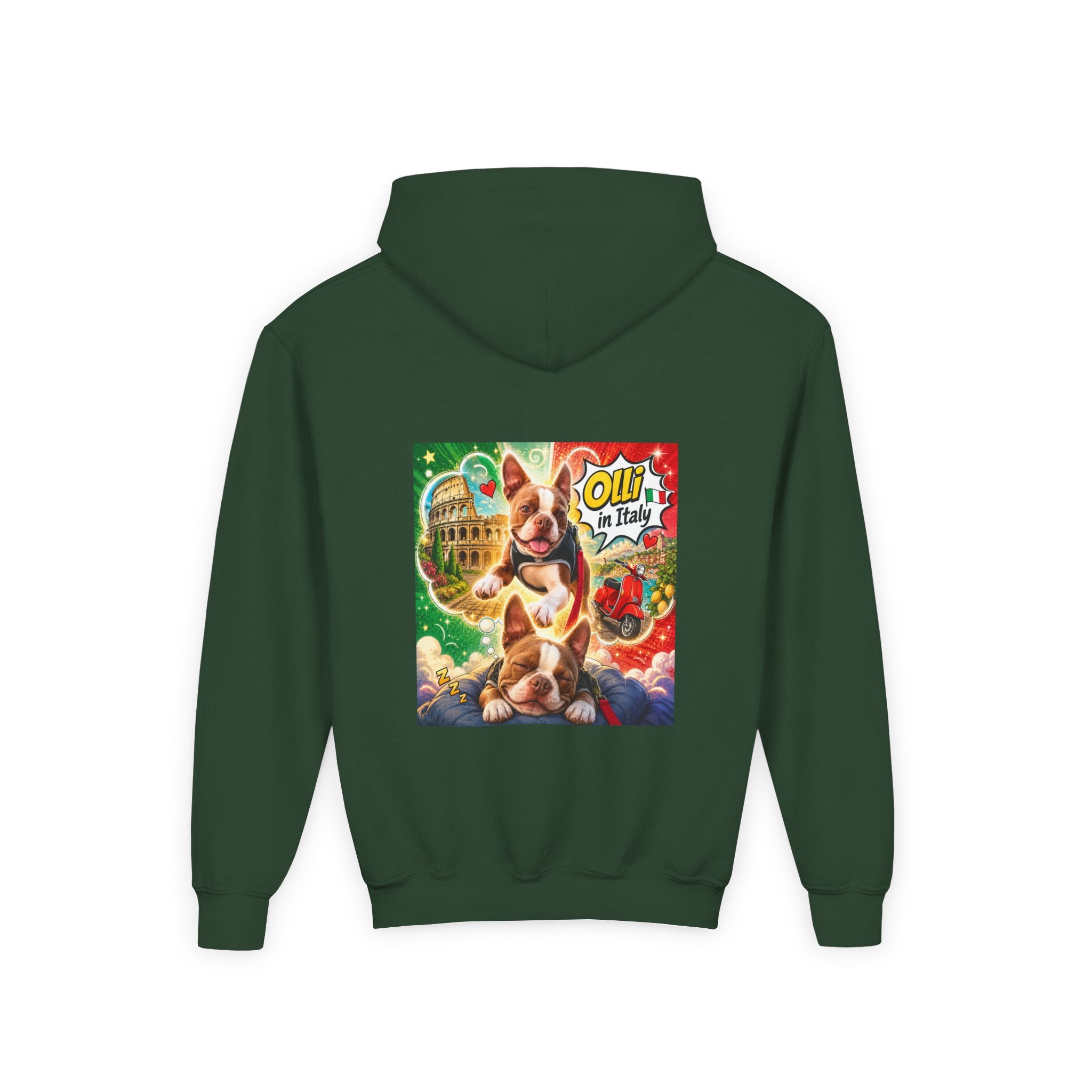 Youth Hoodie — "Olli in Italy" Boston Terrier Sweatshirt