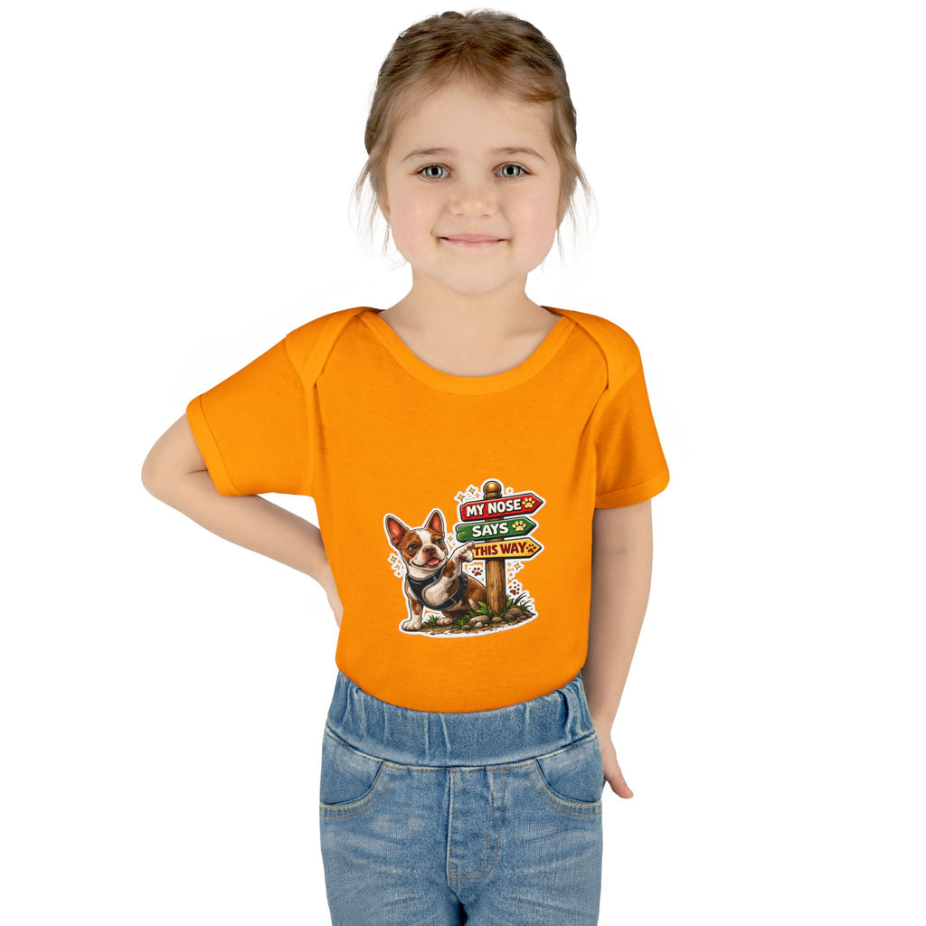 Infant Bodysuit — "My Nose Says This Way" Olli In Italy Boston Terrier Onesie (Front & Back Cute Dog Design)