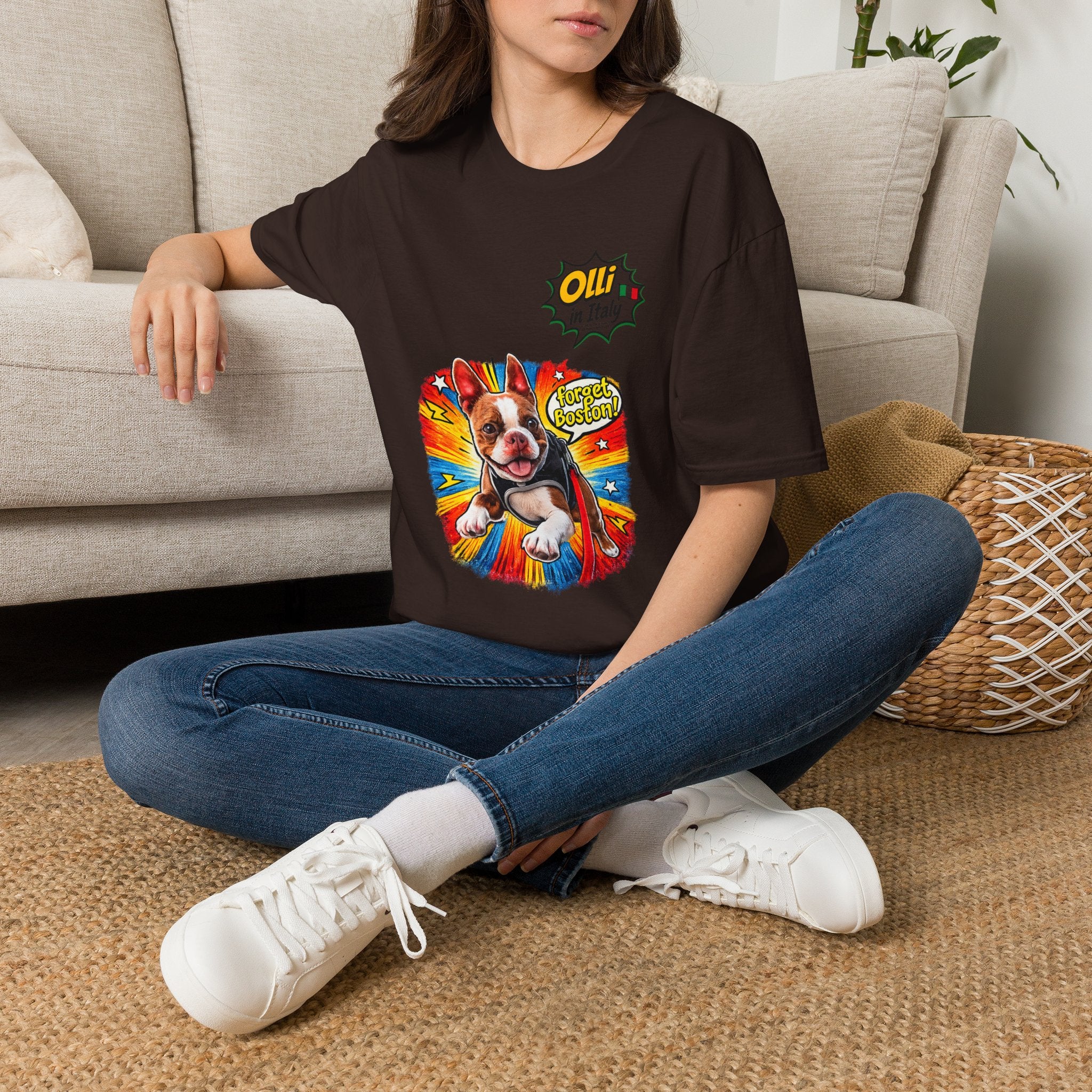 Olli in Italy "Forget Boston" Graphic T-Shirt — Colorful Dog Pop Art Tee