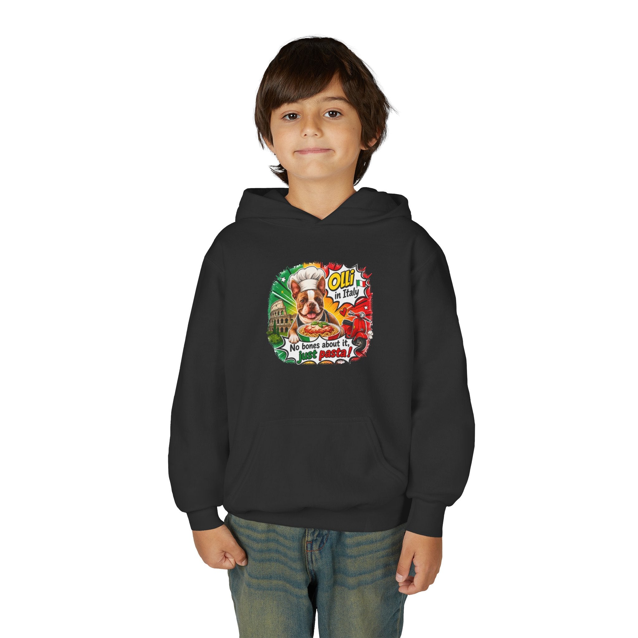 Youth Hoodie — "Olli in Italy" Boston Terrier Sweatshirt