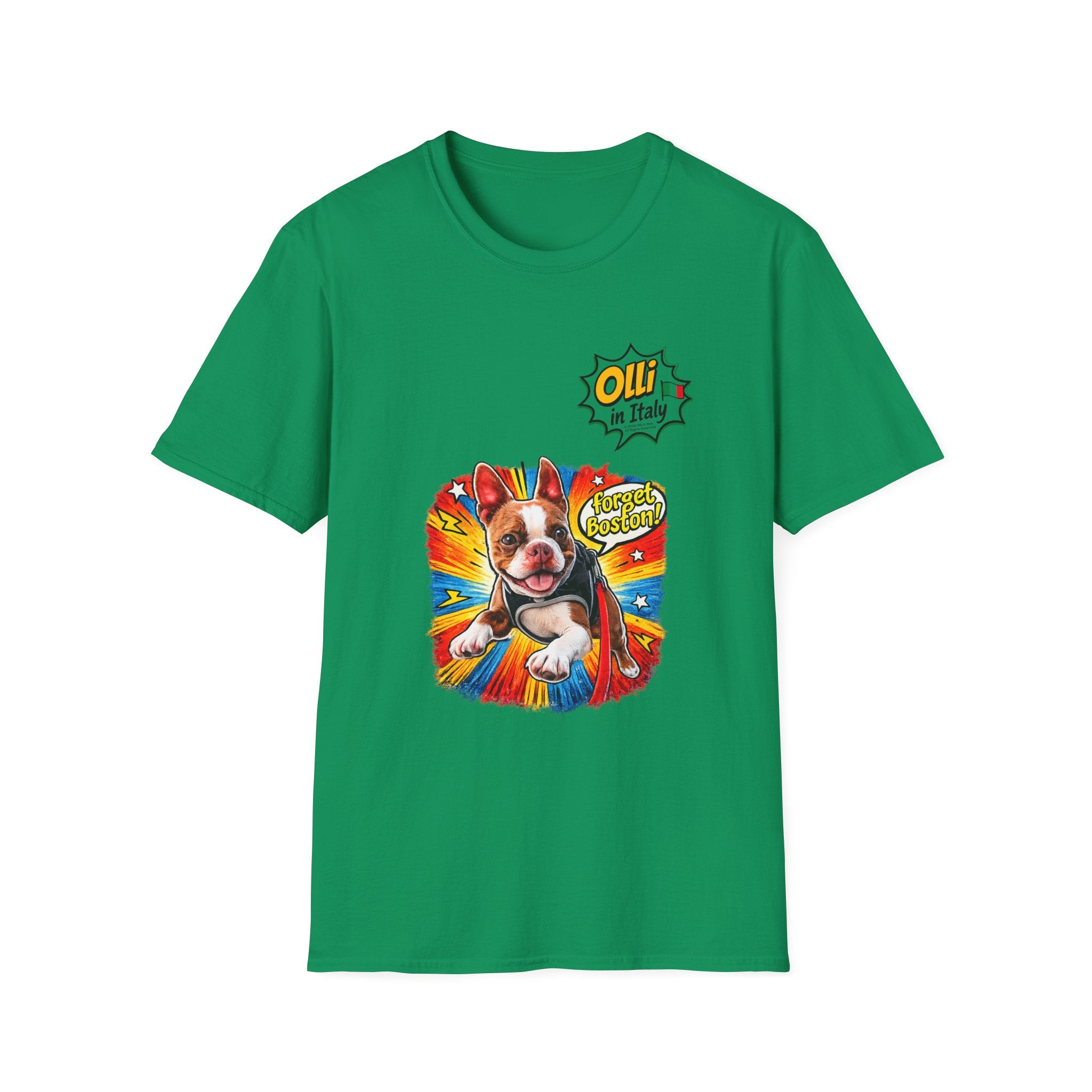 Olli in Italy "Forget Boston" Graphic T-Shirt — Colorful Dog Pop Art Tee