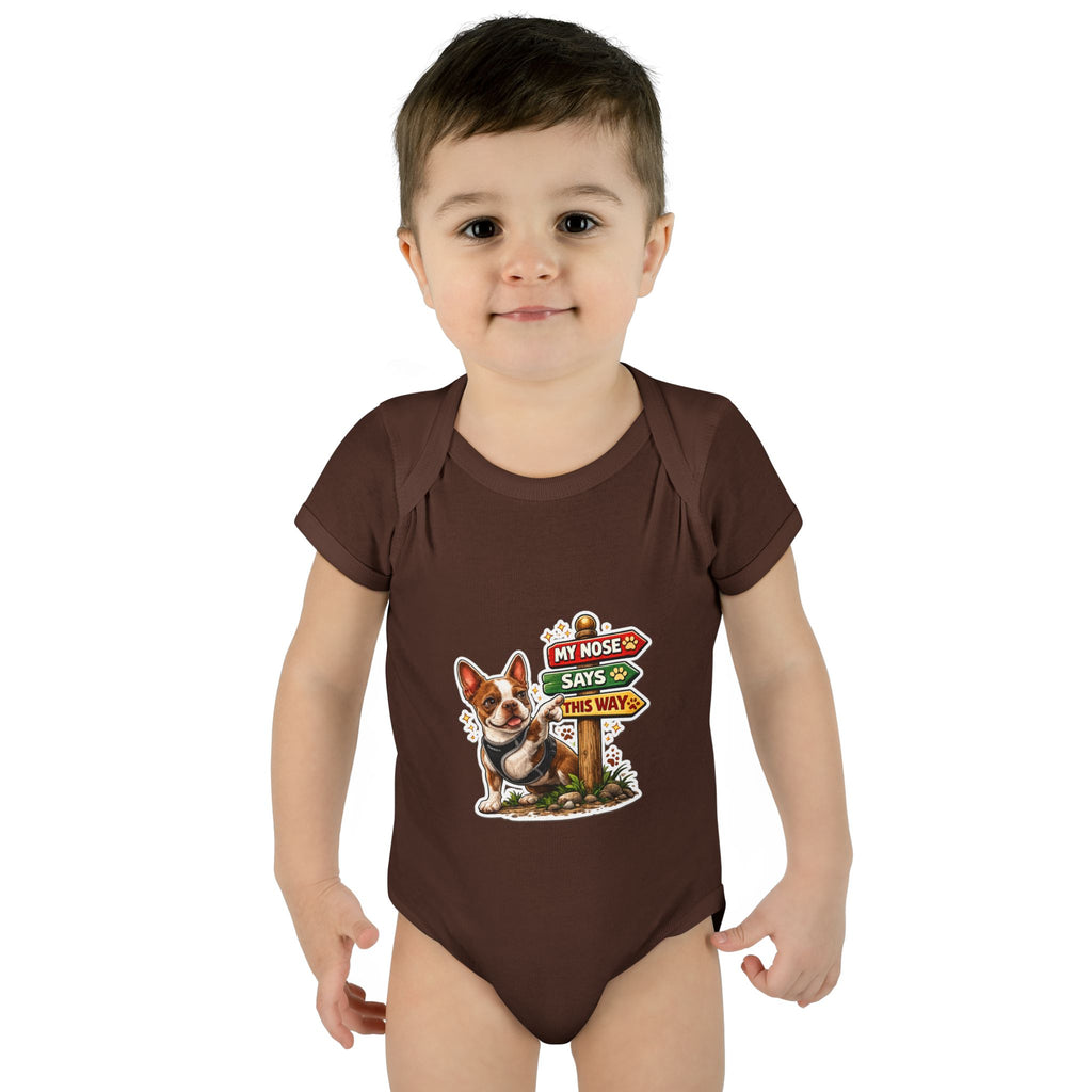 Infant Bodysuit — "My Nose Says This Way" Olli In Italy Boston Terrier Onesie (Front & Back Cute Dog Design)