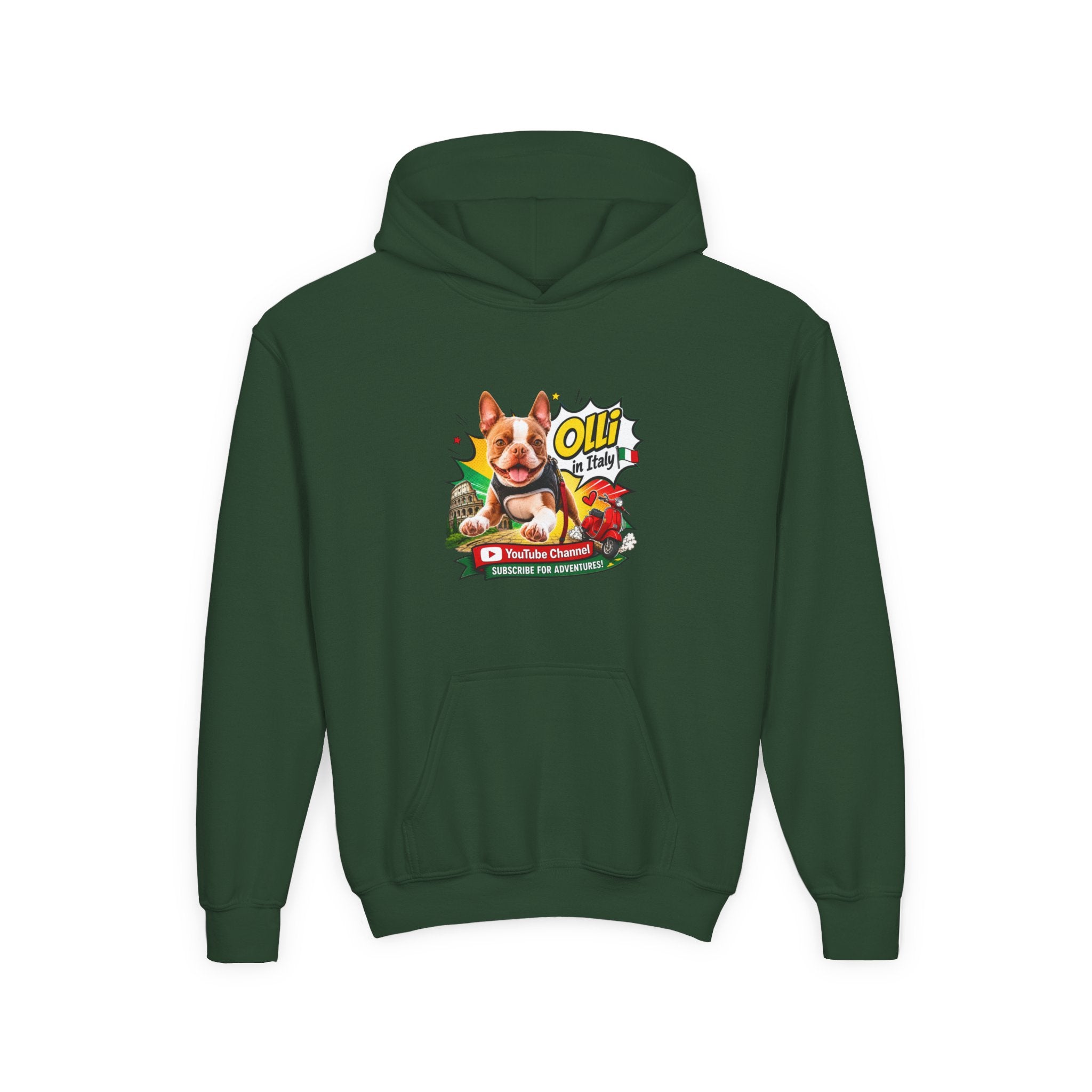 Olli the Boston Terrier in Italy Hoodie — "My Nose Says This Way" Youth Pullover