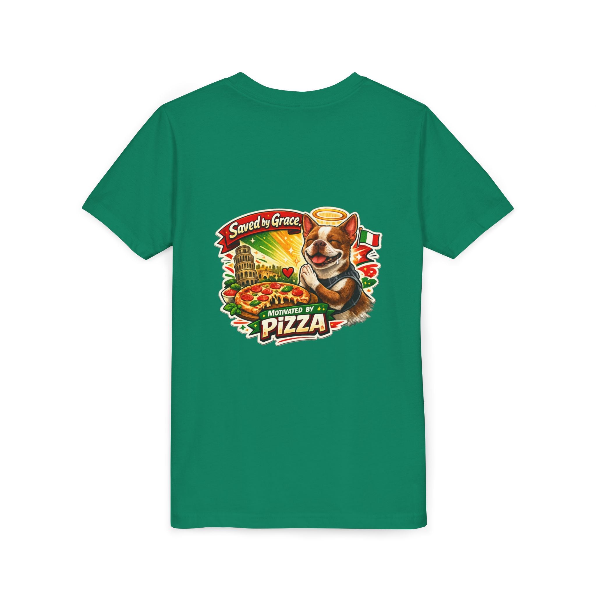 Kids' Pizza Olli the Boston Terrier Tee — "Saved by Grace" Funny Italian Pizza Youth Shirt