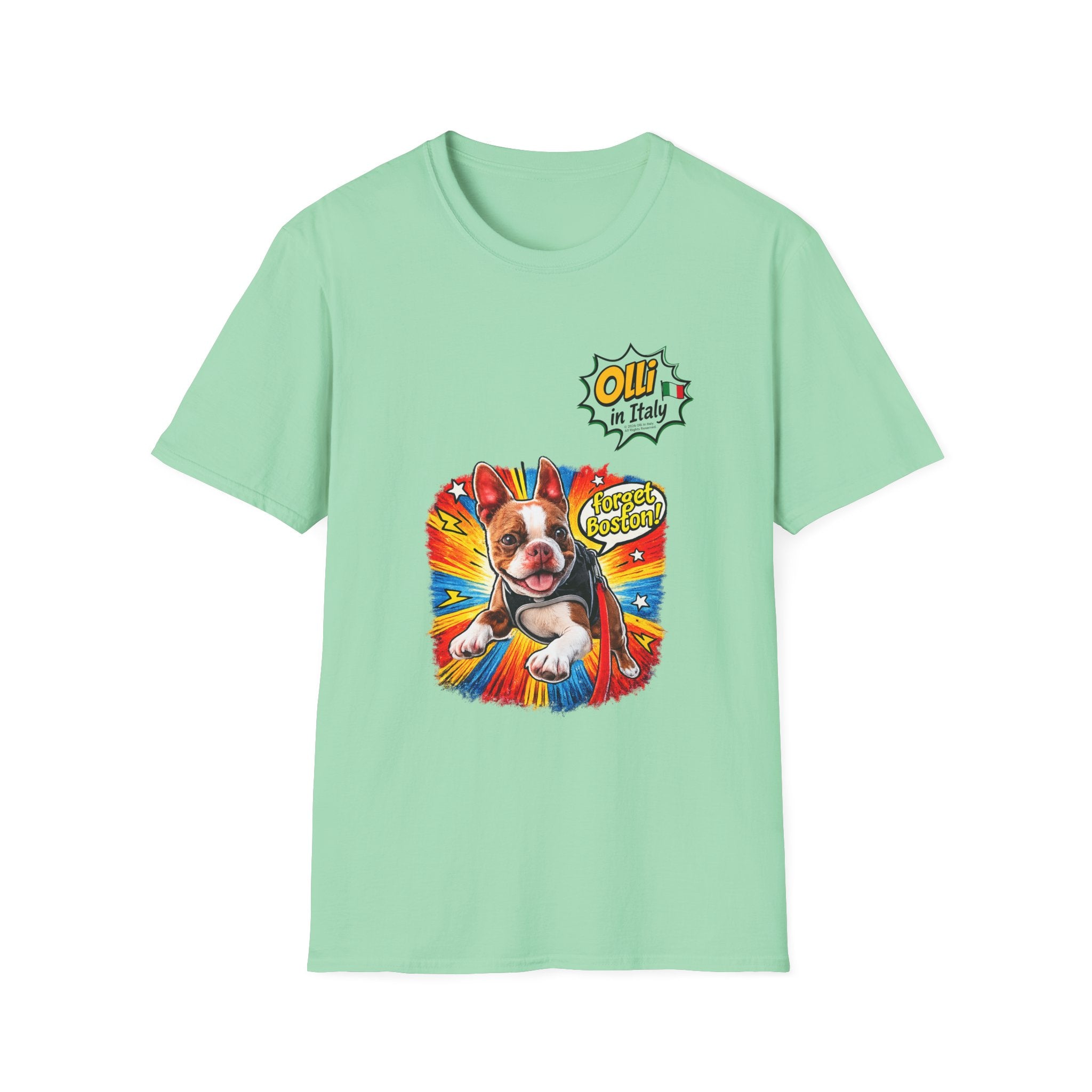 Olli in Italy "Forget Boston" Graphic T-Shirt — Colorful Dog Pop Art Tee