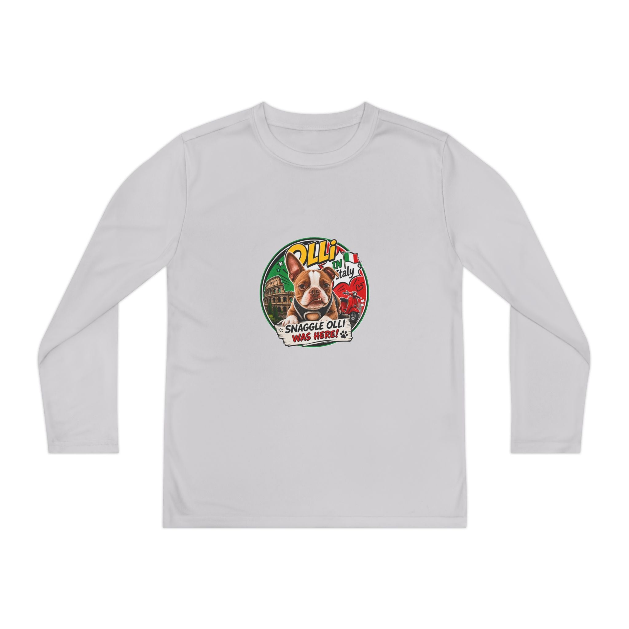 Olli the Boston Terrier in Italy Youth Long Sleeve Tee — "Olli" Surf Rescue Graphic