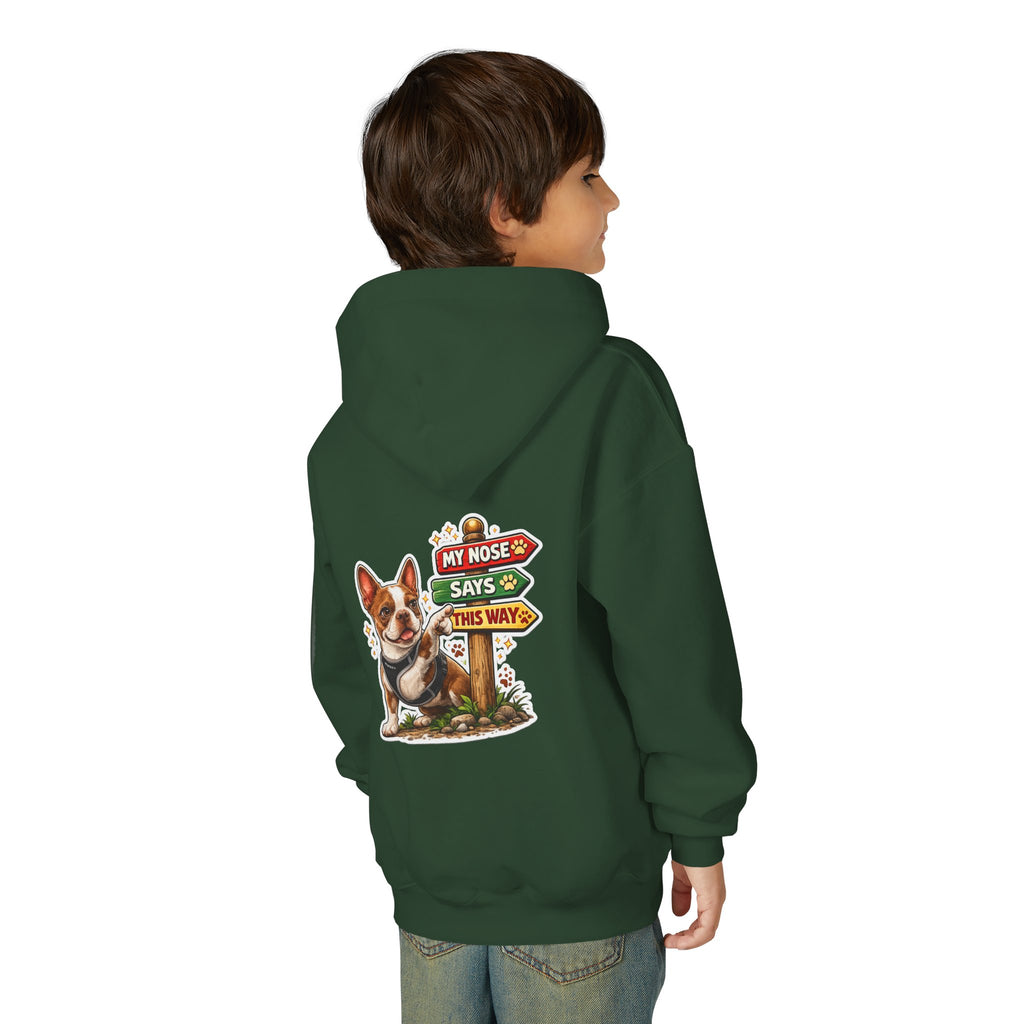 Olli the Boston Terrier in Italy Hoodie — "My Nose Says This Way" Youth Pullover