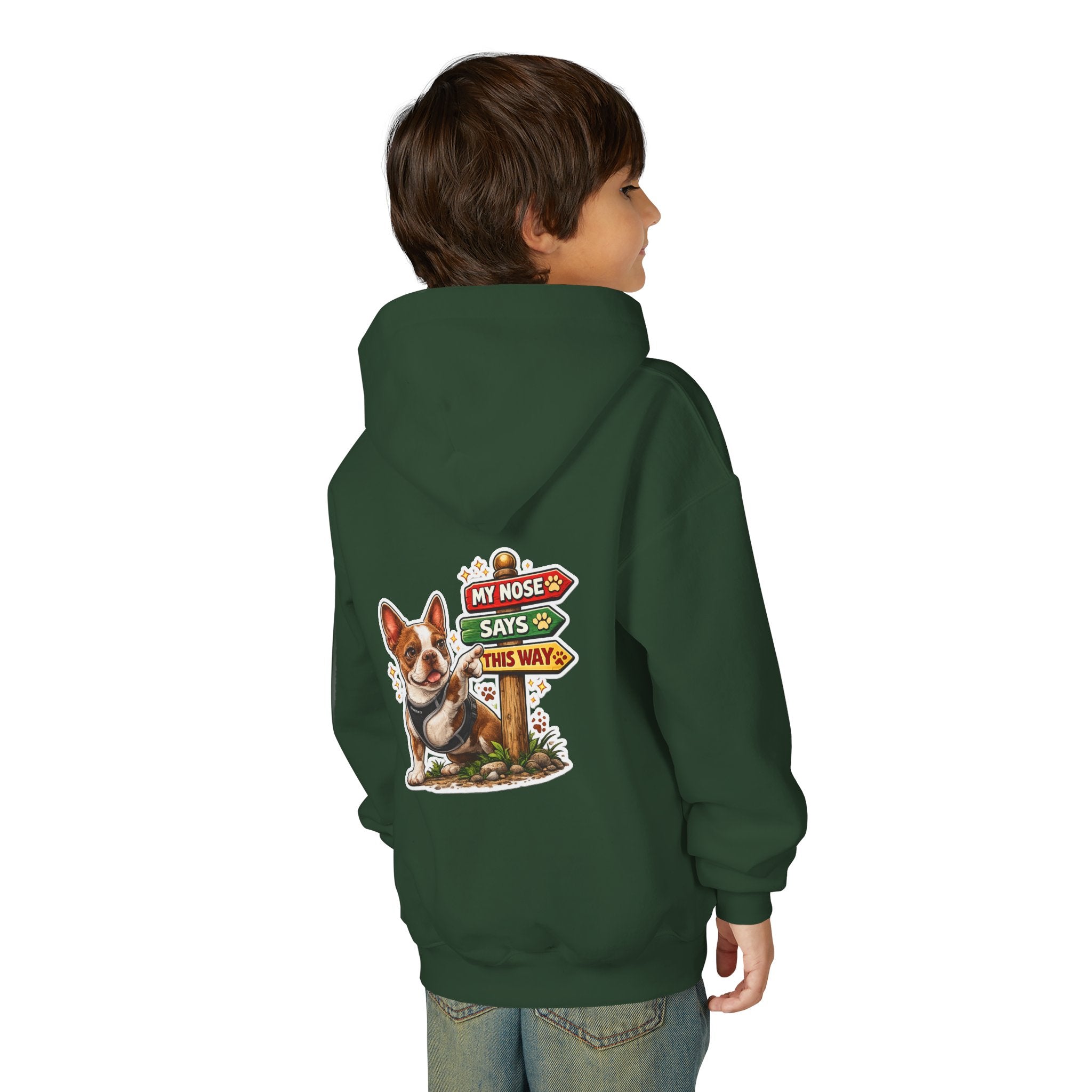 Olli the Boston Terrier in Italy Hoodie — "My Nose Says This Way" Youth Pullover