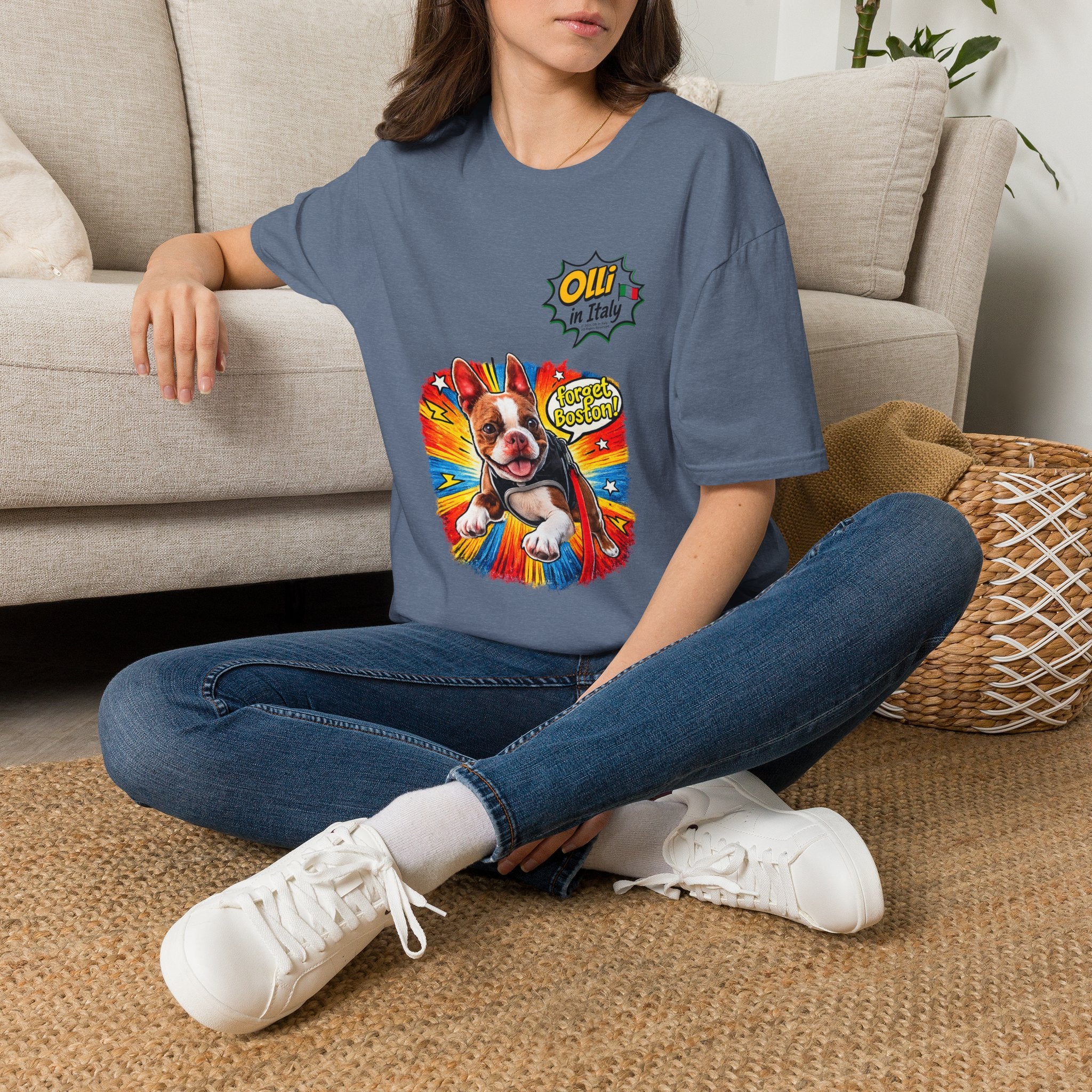 Olli in Italy "Forget Boston" Graphic T-Shirt — Colorful Dog Pop Art Tee