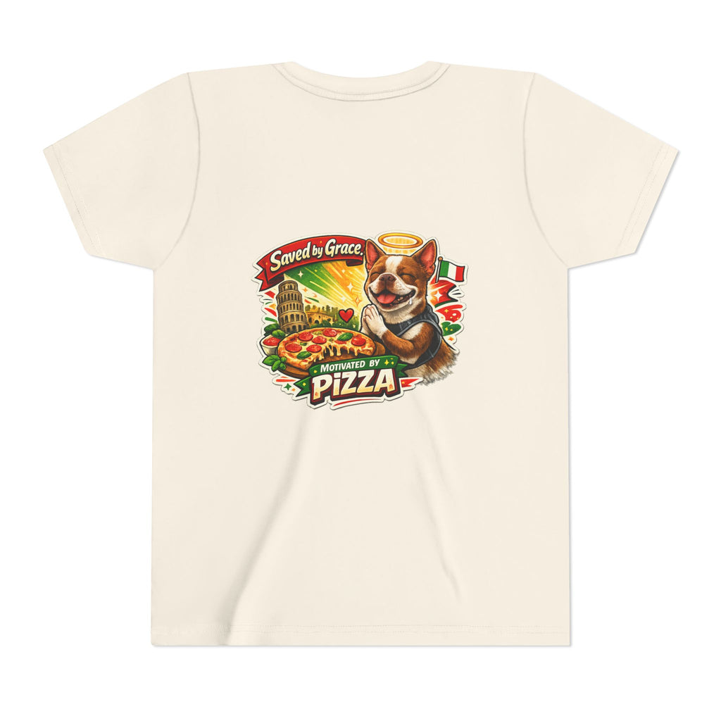 Kids' Pizza Olli the Boston Terrier Tee — "Saved by Grace" Funny Italian Pizza Youth Shirt