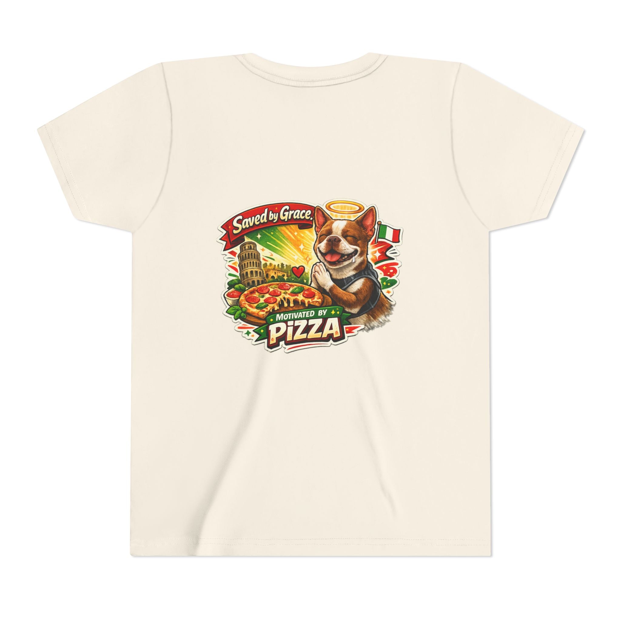 Kids' Pizza Olli the Boston Terrier Tee — "Saved by Grace" Funny Italian Pizza Youth Shirt