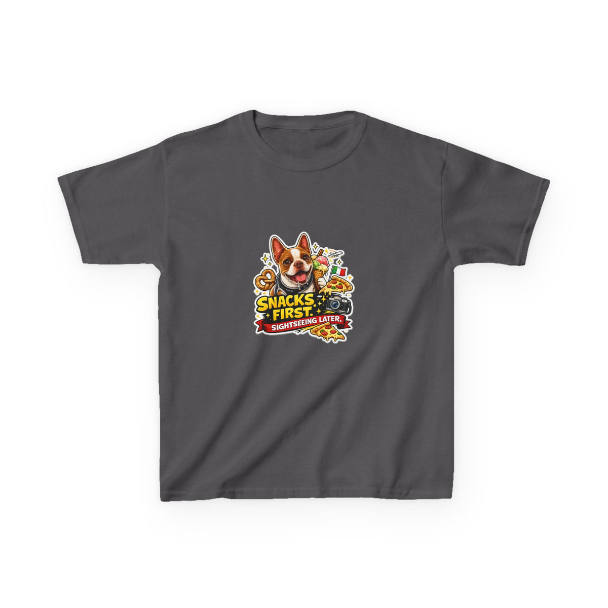 Kids T‑Shirt – "Snacks First" Olli the Boston Terrier Graphic Tee