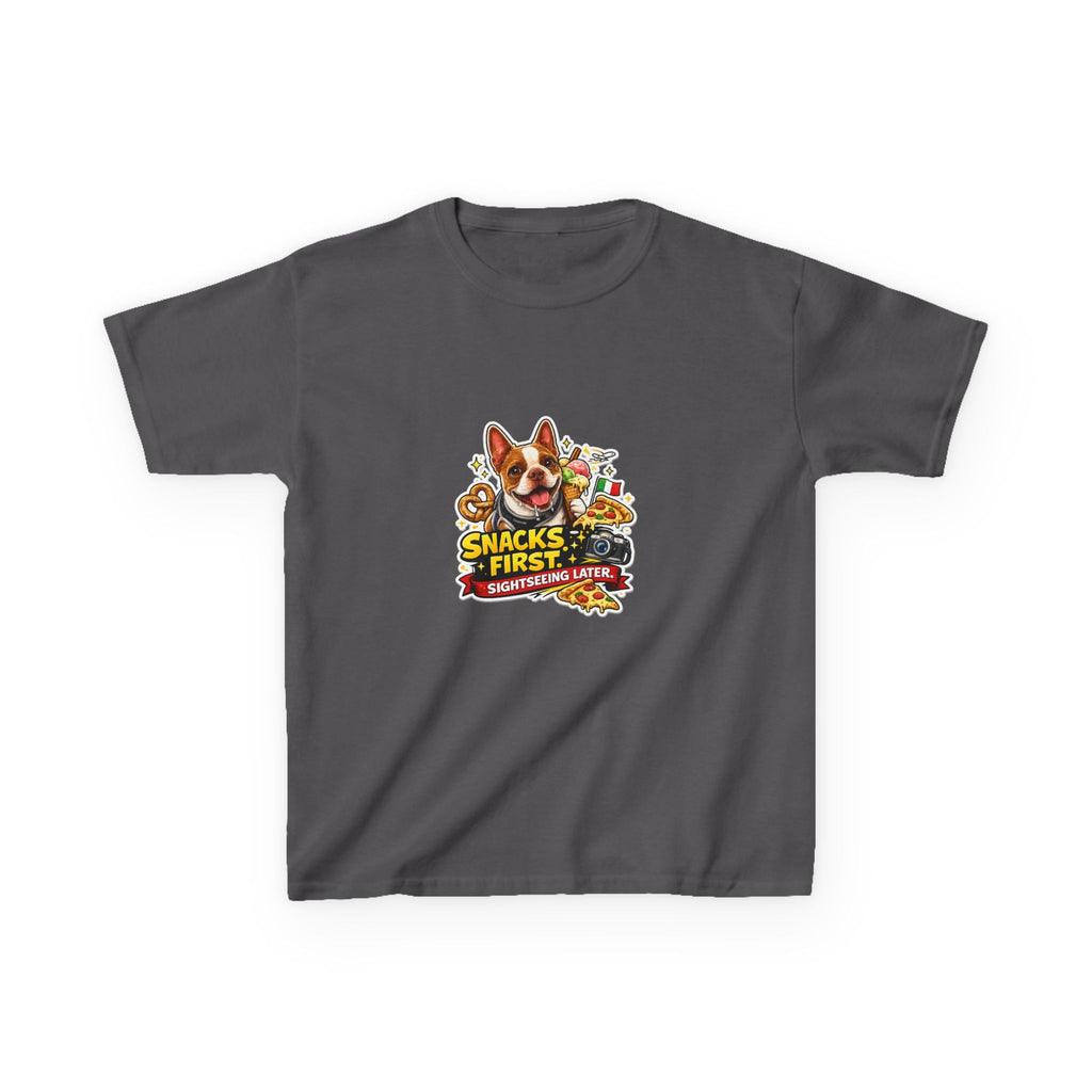 Kids T‑Shirt — "Snacks First" Funny Olli the Boston Terrier Graphic Tee for Children