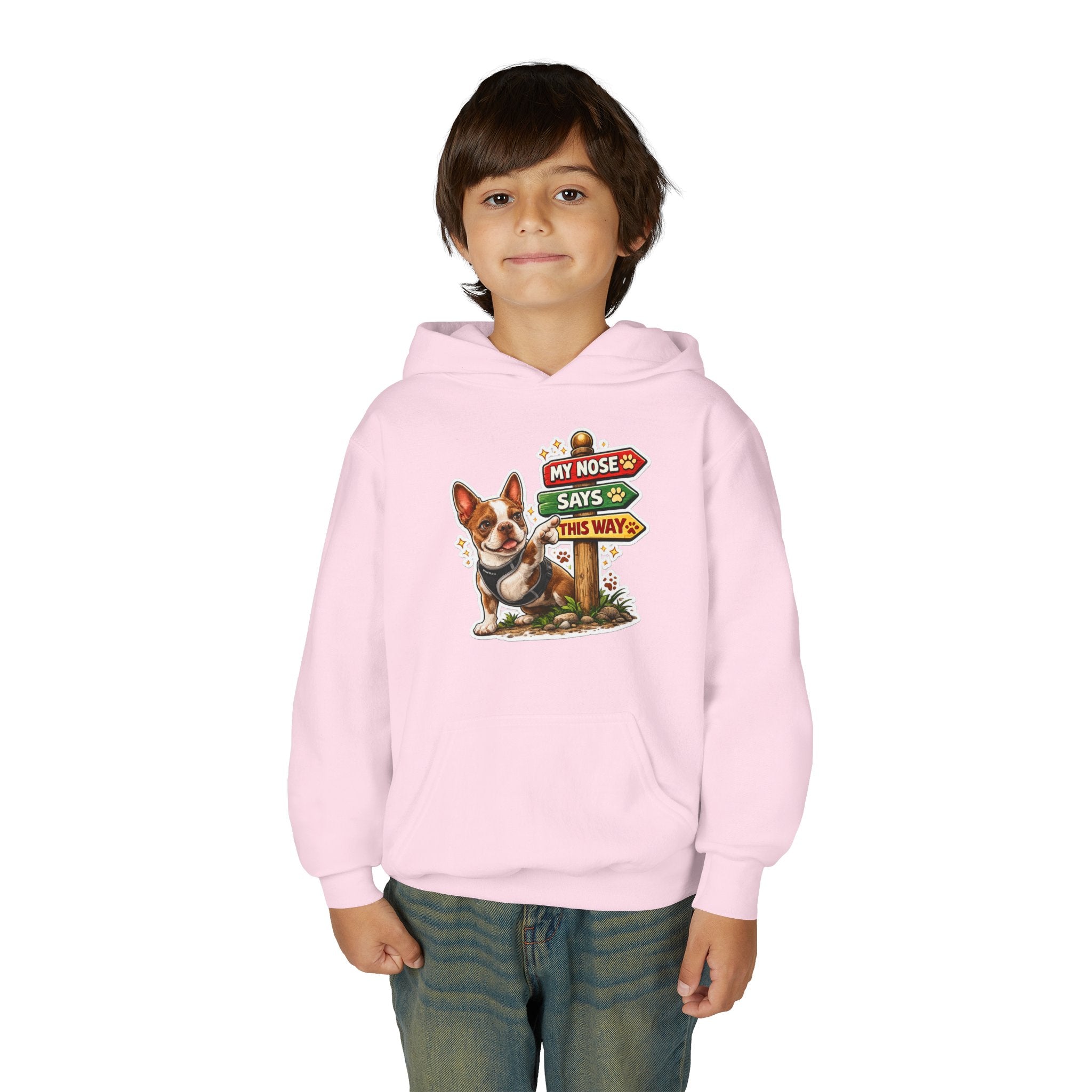 Youth Hoodie — Cute Olli the Boston Terrier ‘My Nose Says This Way’ / ‘I Came, I Sniffed, I Judged’
