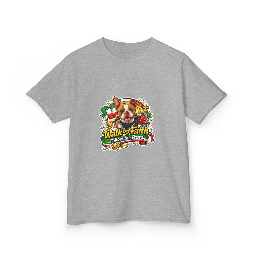 Kids T‑Shirt — “Walk by Faith, Follow the Pasta ” Cute Olli the Boston Terrier Faith Graphic