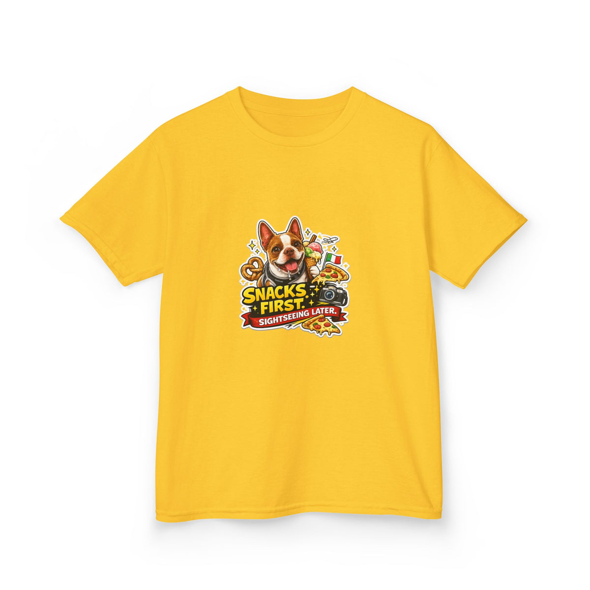 Kids T‑Shirt — "Snacks First" Funny Olli the Boston Terrier Graphic Tee for Children