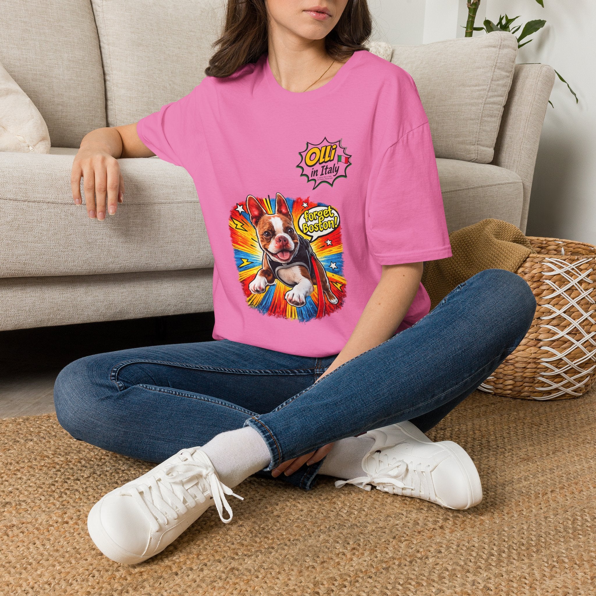 Olli in Italy "Forget Boston" Graphic T-Shirt — Colorful Dog Pop Art Tee