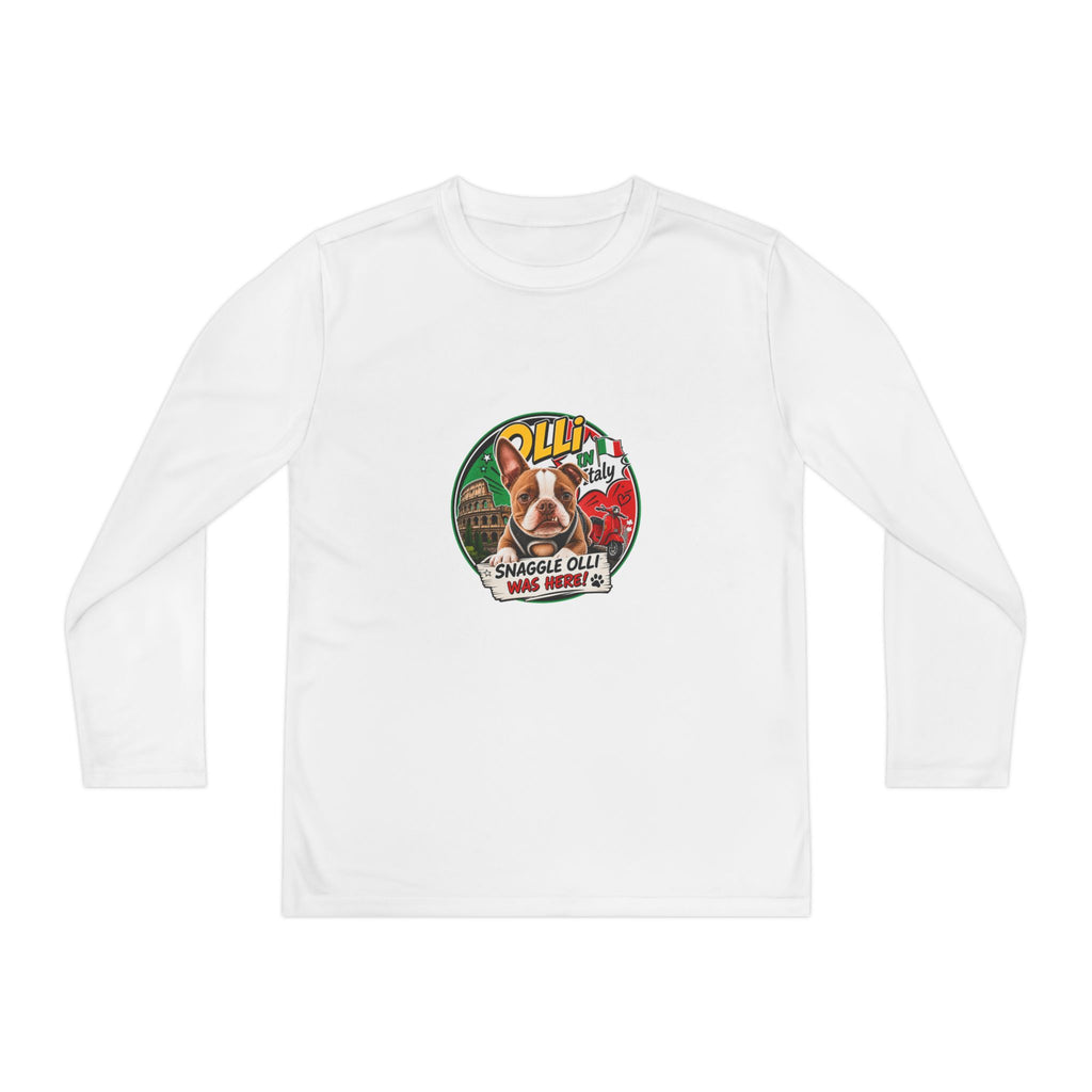Olli the Boston Terrier in Italy Youth Long Sleeve Tee — "Olli" Surf Rescue Graphic