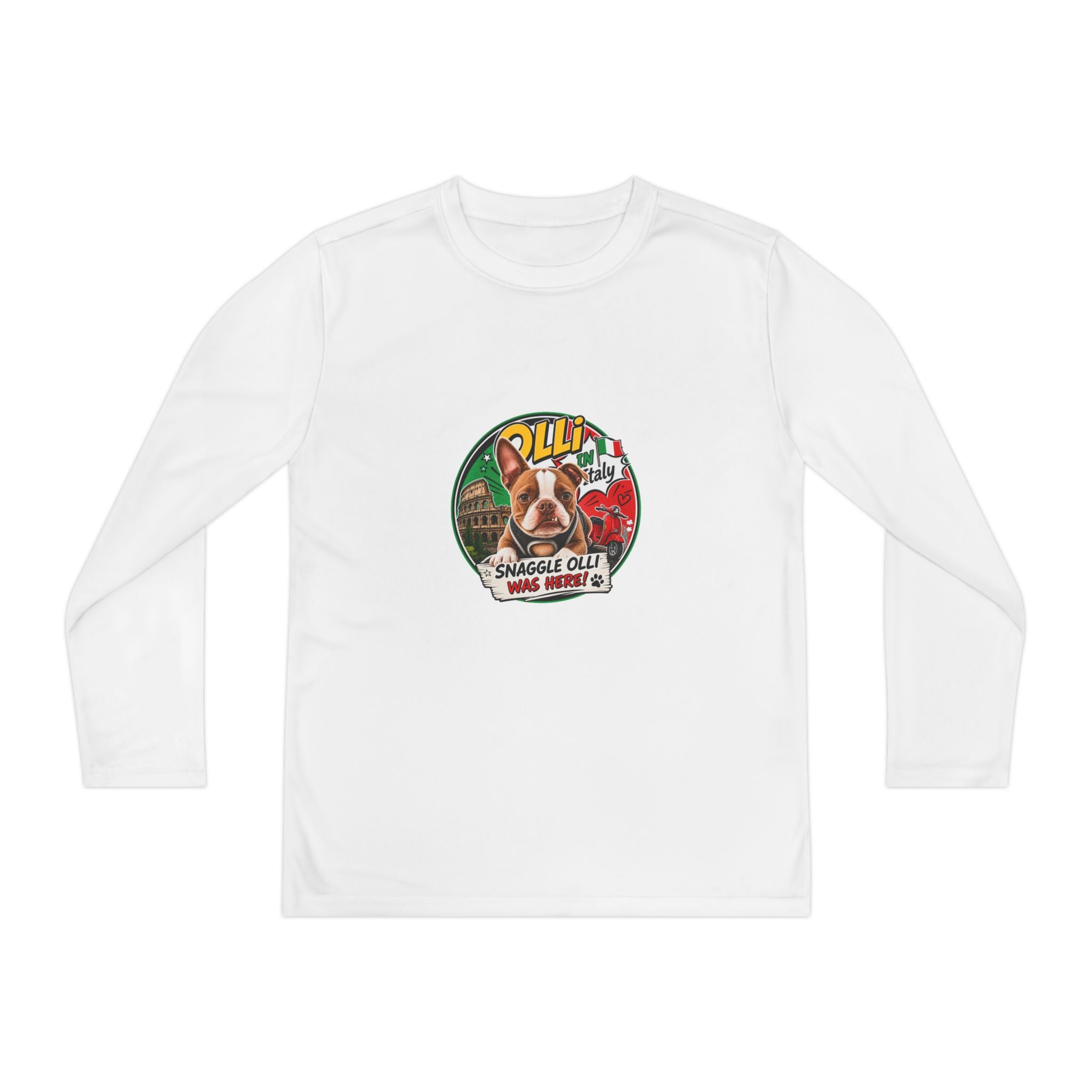 Olli the Boston Terrier in Italy Youth Long Sleeve Tee — "Olli" Surf Rescue Graphic