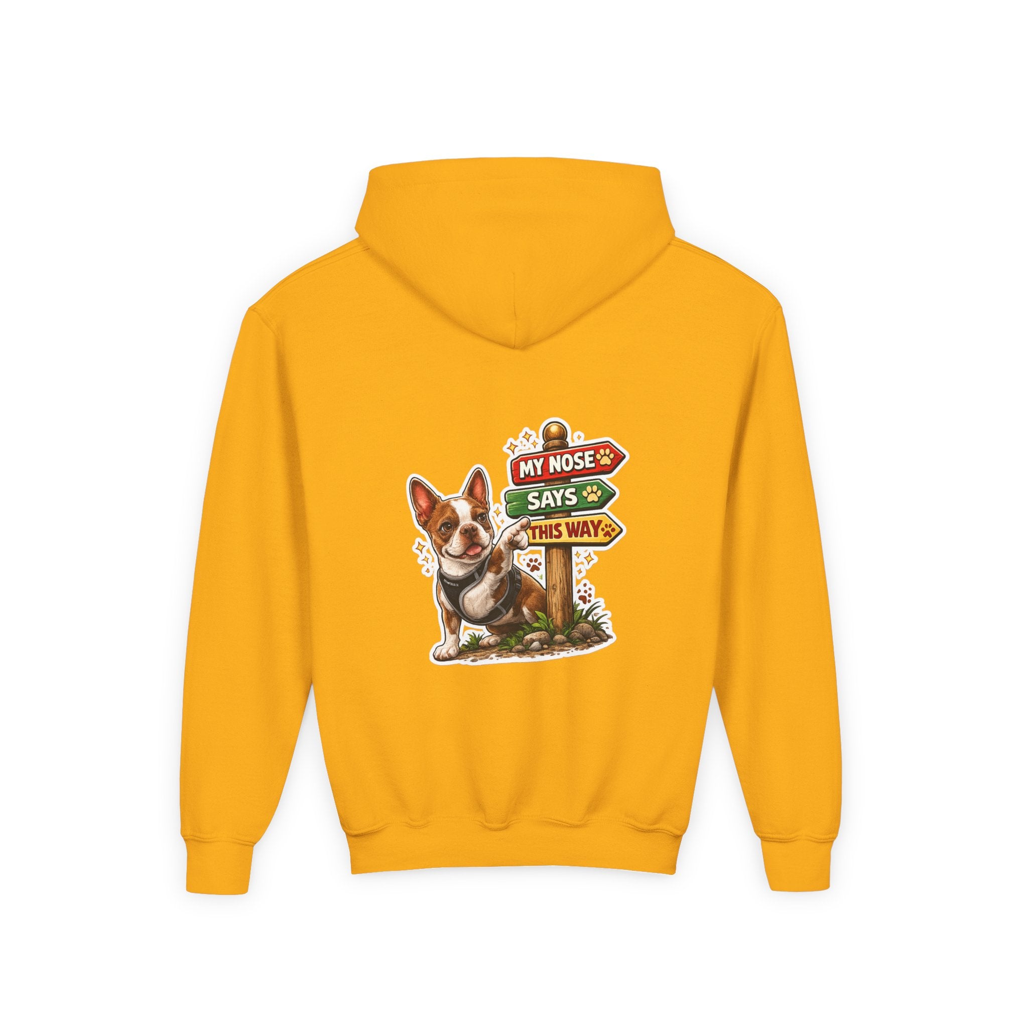 Olli the Boston Terrier in Italy Hoodie — "My Nose Says This Way" Youth Pullover