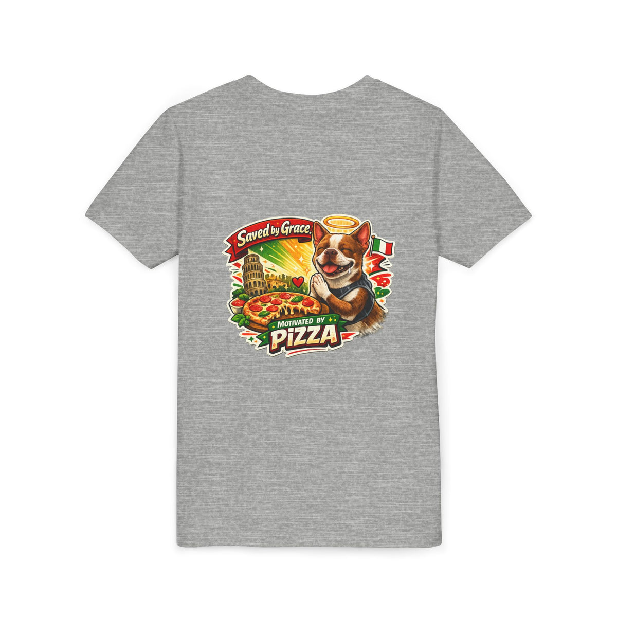 Kids' Pizza Olli the Boston Terrier Tee — "Saved by Grace" Funny Italian Pizza Youth Shirt