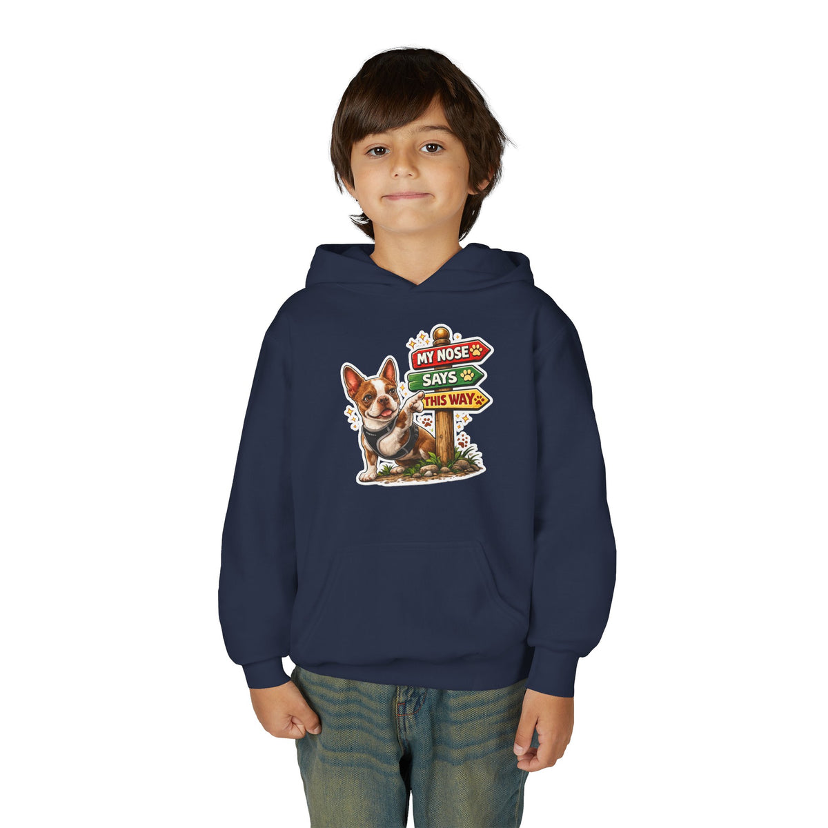 Youth Hoodie — Cute Olli the Boston Terrier ‘My Nose Says This Way’ / ‘I Came, I Sniffed, I Judged’