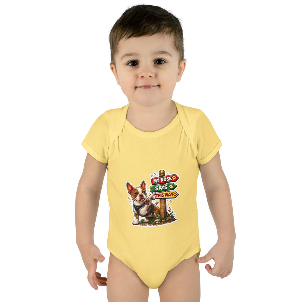 Infant Bodysuit — "My Nose Says This Way" Olli In Italy Boston Terrier Onesie (Front & Back Cute Dog Design)