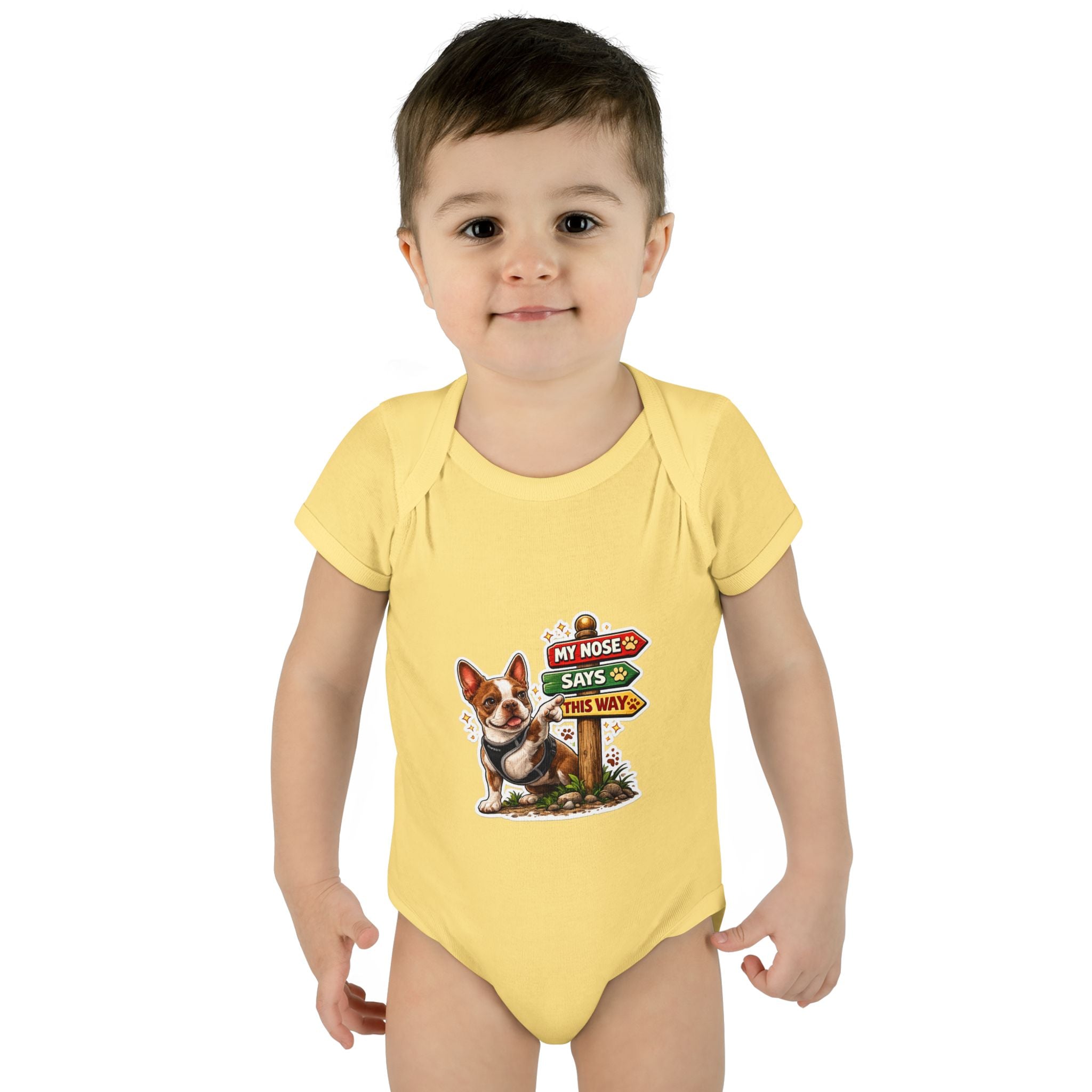 Infant Bodysuit — "My Nose Says This Way" Olli In Italy Boston Terrier Onesie (Front & Back Cute Dog Design)