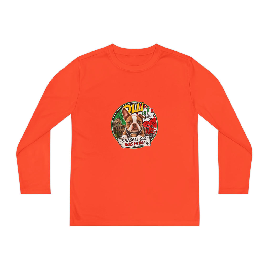Olli the Boston Terrier in Italy Youth Long Sleeve Tee — "Olli" Surf Rescue Graphic
