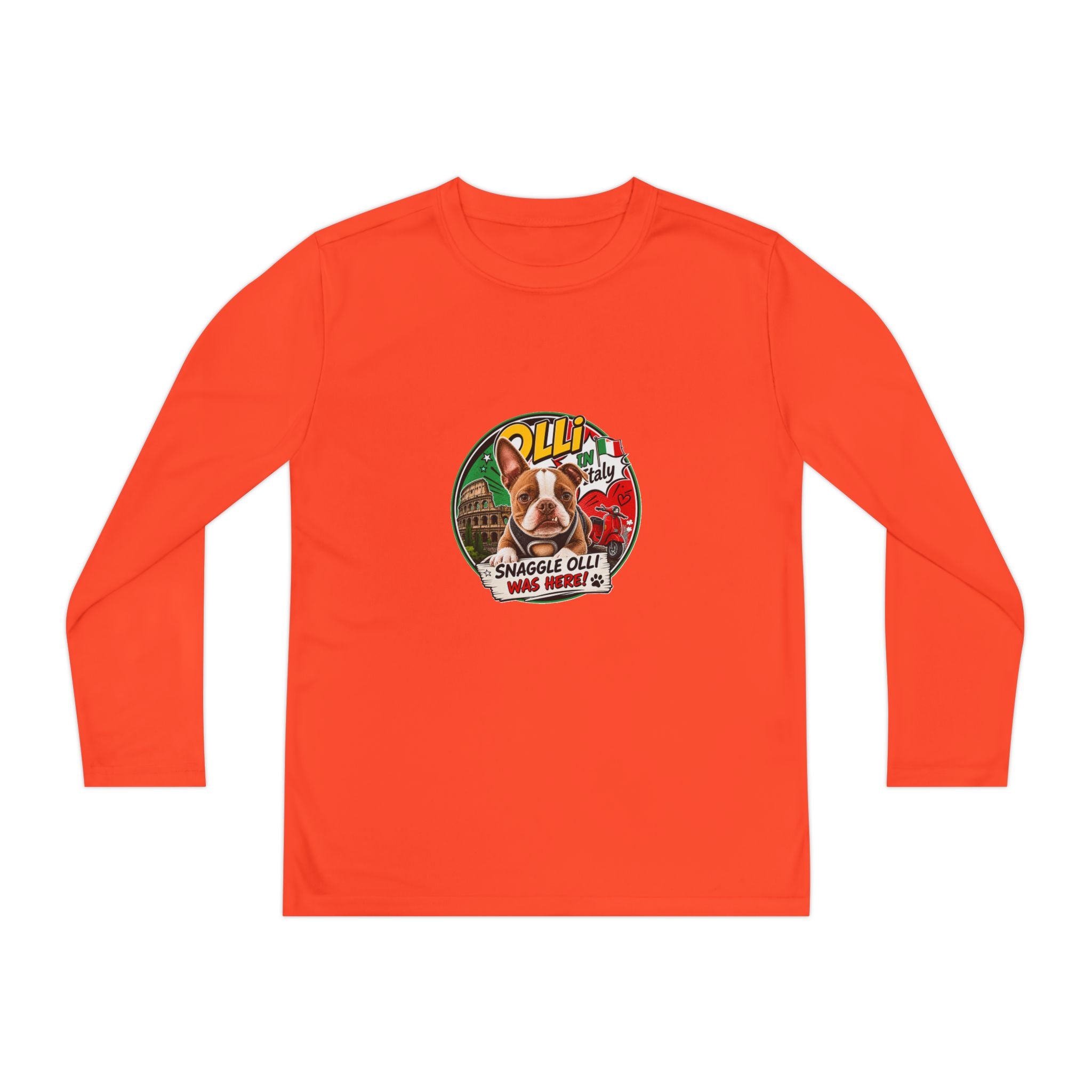 Olli the Boston Terrier in Italy Youth Long Sleeve Tee — "Olli" Surf Rescue Graphic
