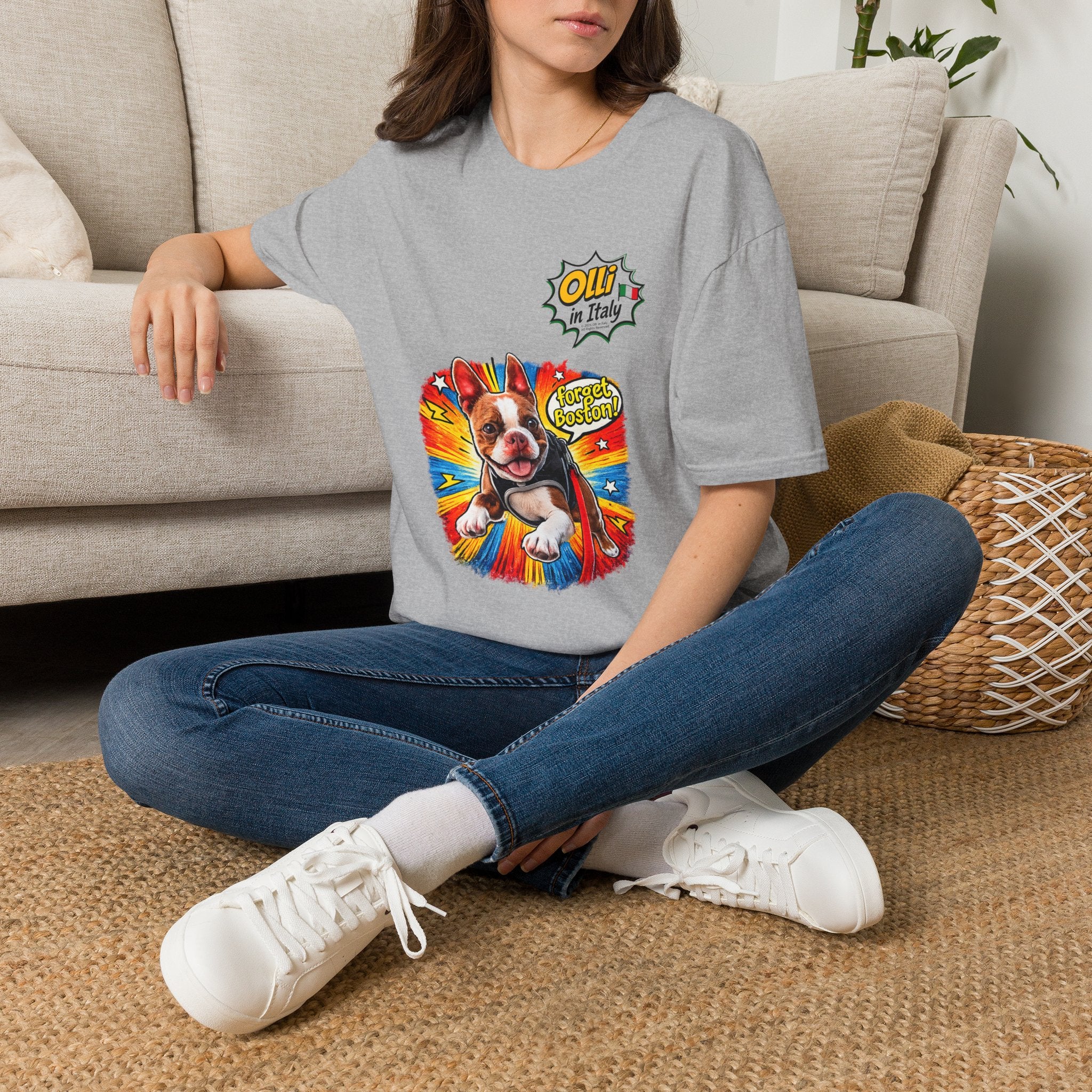 Olli in Italy "Forget Boston" Graphic T-Shirt — Colorful Dog Pop Art Tee