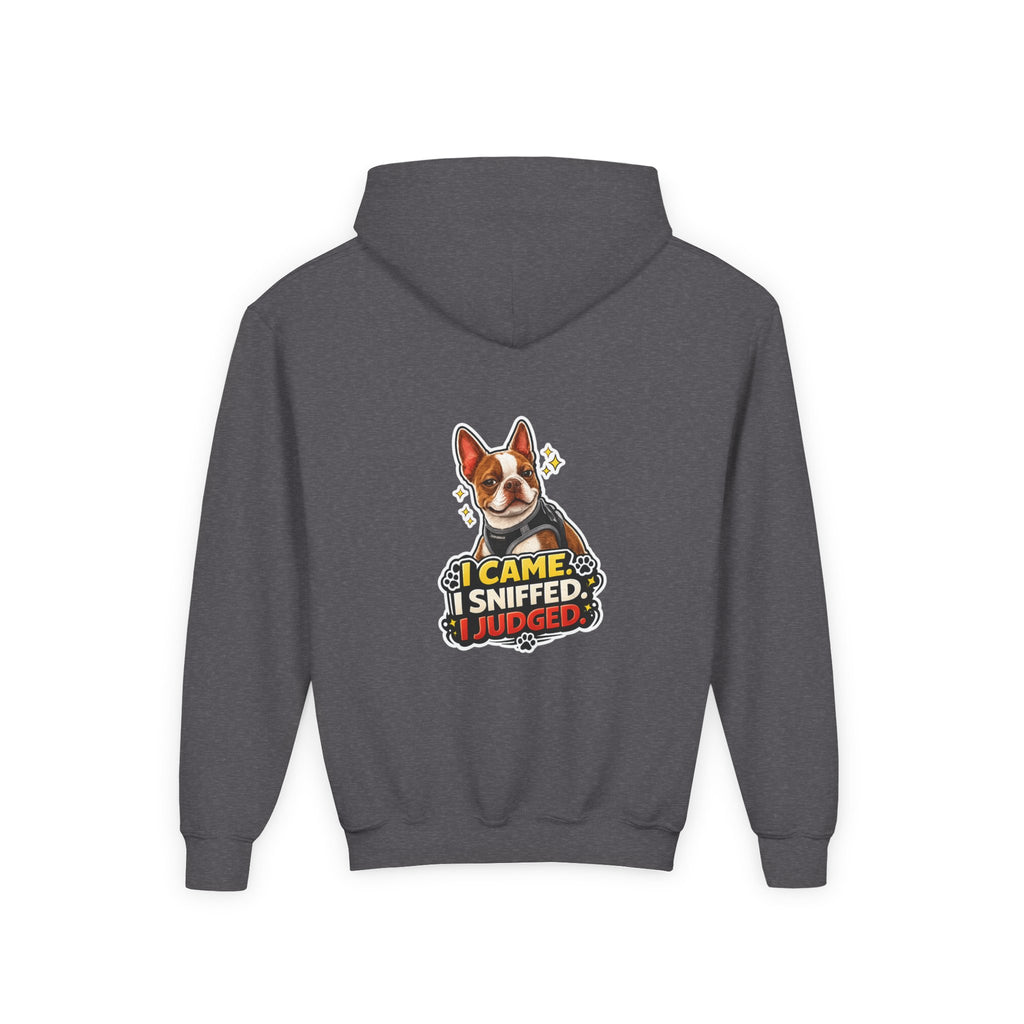Youth Hoodie — Cute Olli the Boston Terrier ‘My Nose Says This Way’ / ‘I Came, I Sniffed, I Judged’