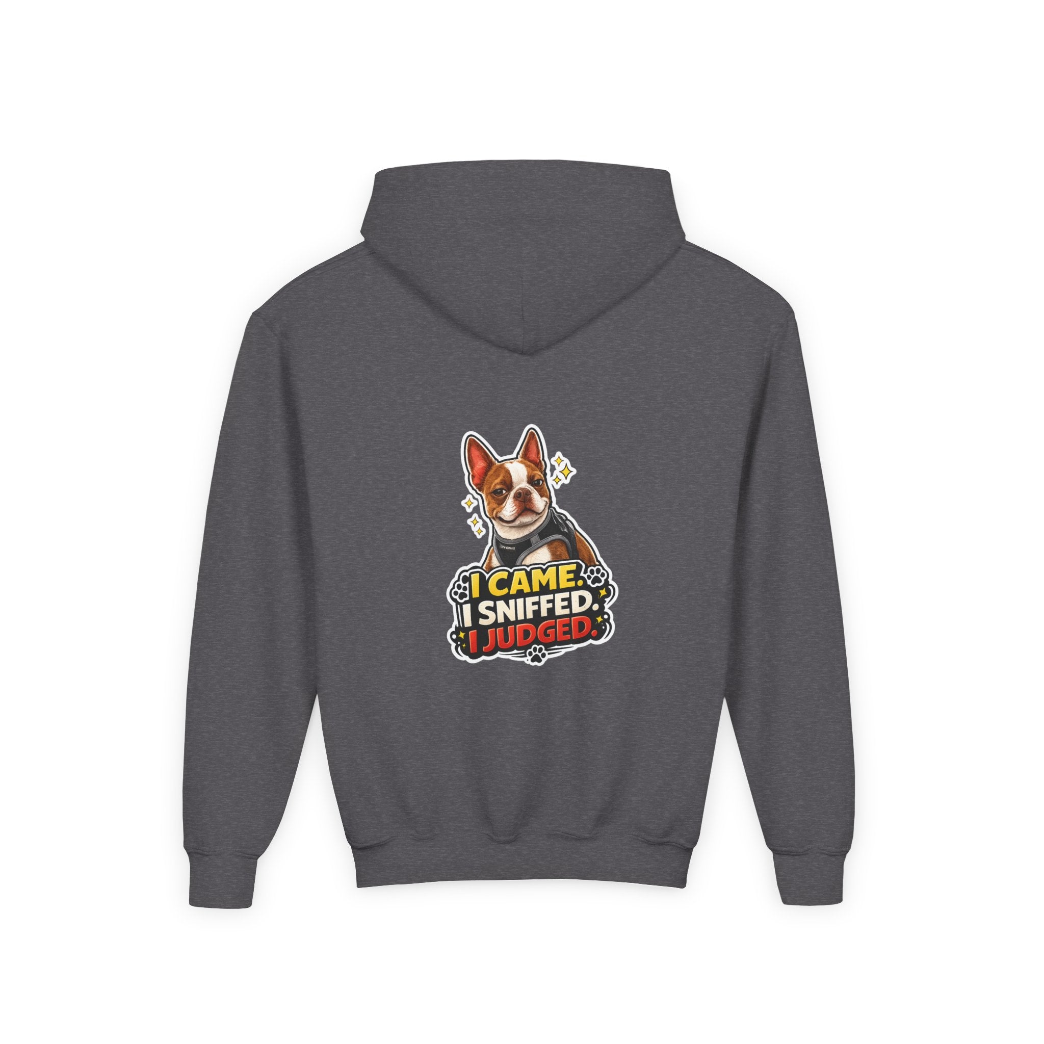 Youth Hoodie — Cute Olli the Boston Terrier ‘My Nose Says This Way’ / ‘I Came, I Sniffed, I Judged’