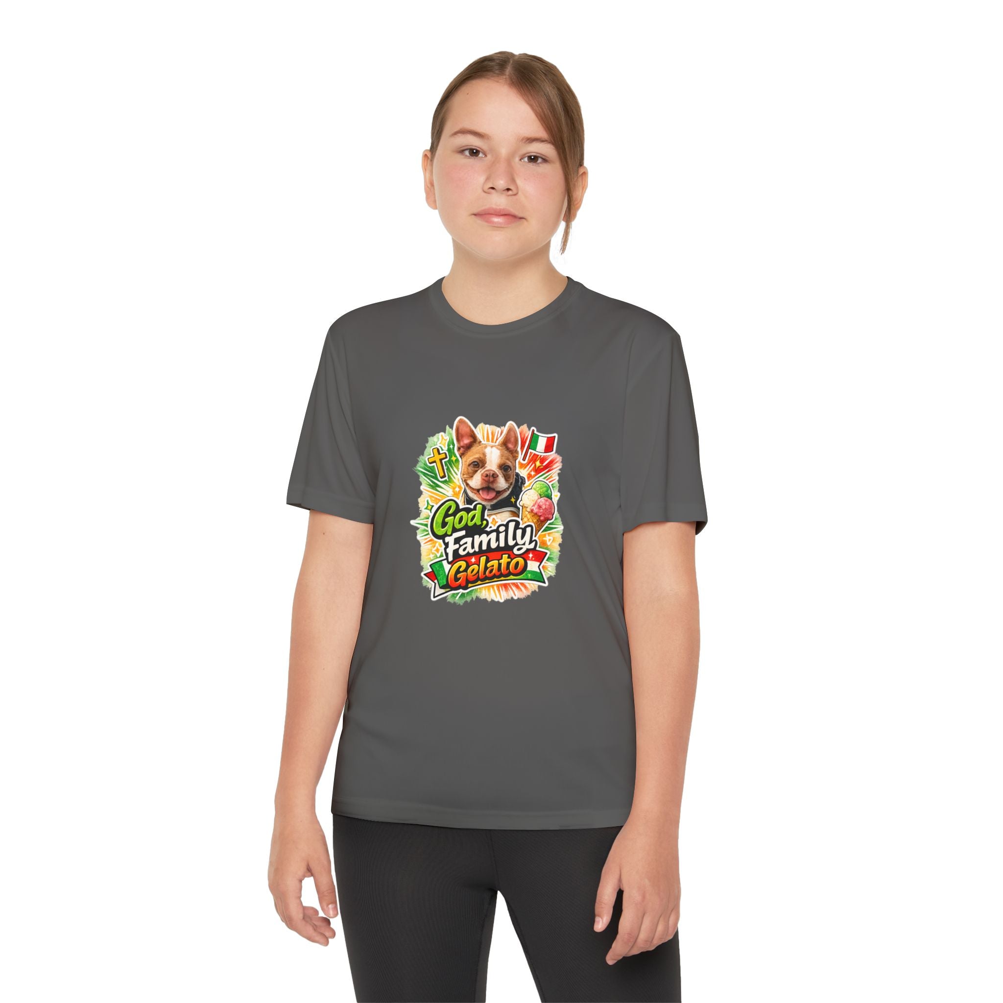 Youth Graphic Tee — 'God, Family, Gelato' Olli In Italy Boston Terrier Dog