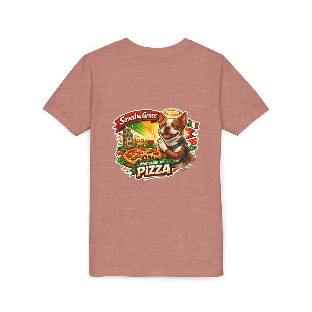 Kids' Pizza Olli the Boston Terrier Tee — "Saved by Grace" Funny Italian Pizza Youth Shirt