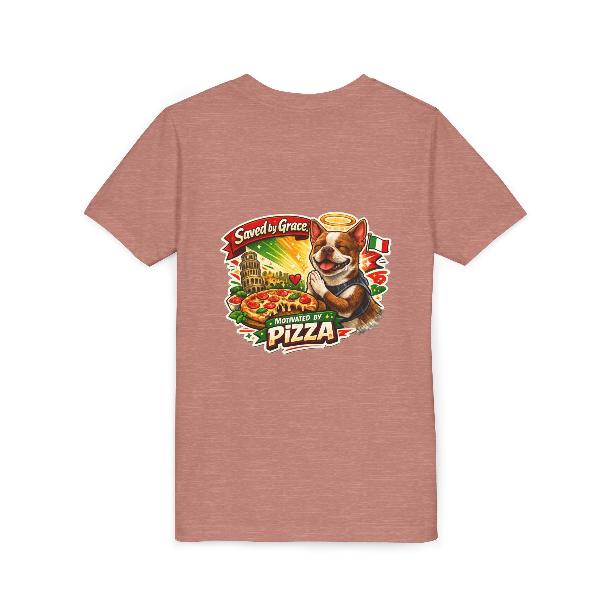 Kids' Pizza Olli the Boston Terrier Tee — "Saved by Grace" Funny Italian Pizza Youth Shirt