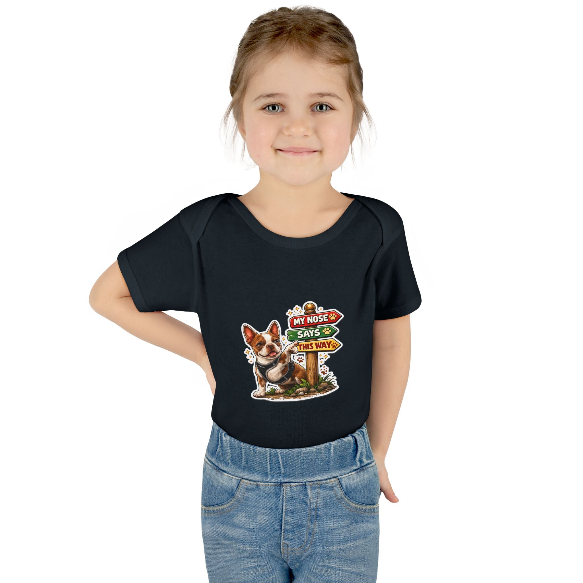 Infant Bodysuit — "My Nose Says This Way" Olli In Italy Boston Terrier Onesie (Front & Back Cute Dog Design)