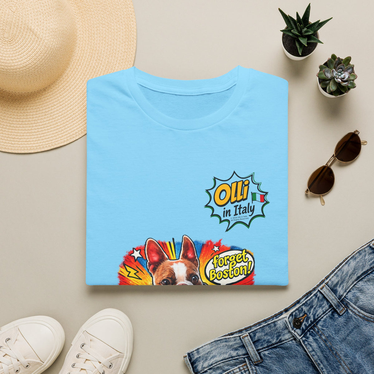 Olli in Italy "Forget Boston" Graphic T-Shirt — Colorful Dog Pop Art Tee