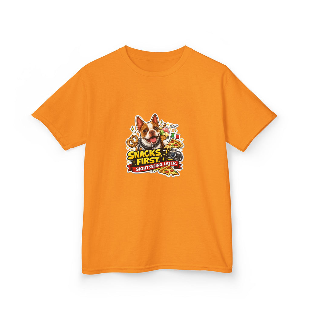 Kids T‑Shirt — "Snacks First" Funny Olli the Boston Terrier Graphic Tee for Children