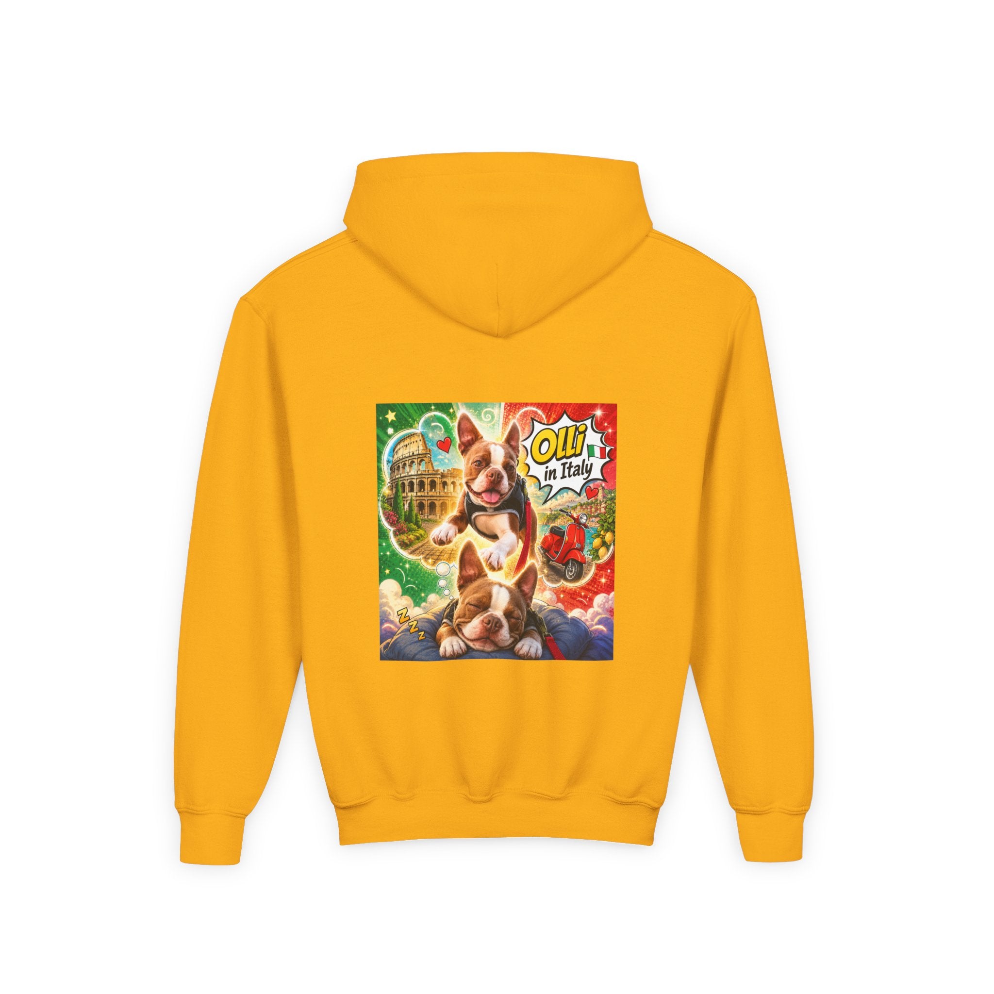 Youth Hoodie — "Olli in Italy" Boston Terrier Sweatshirt