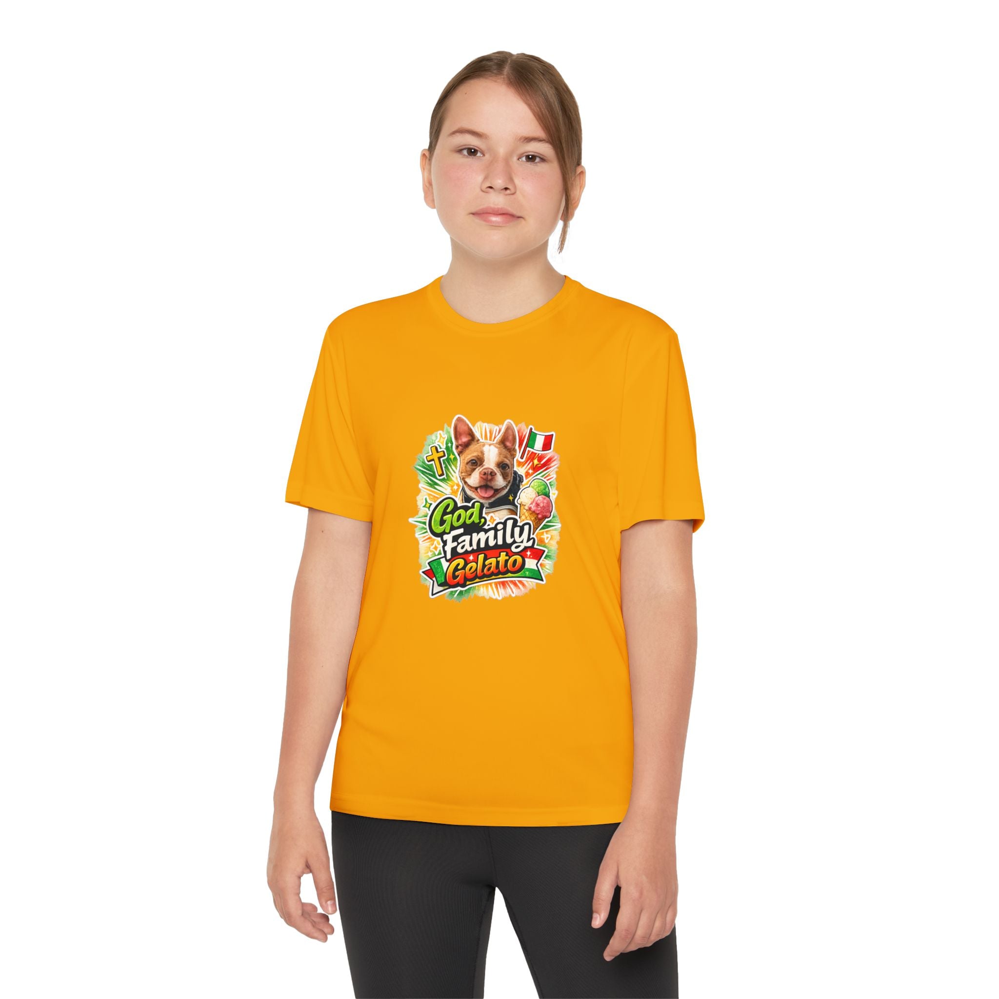 Youth Graphic Tee — 'God, Family, Gelato' Olli In Italy Boston Terrier Dog