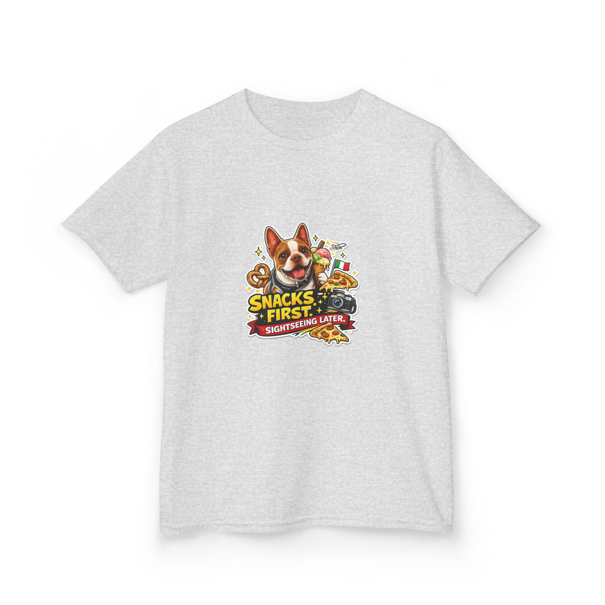Kids T‑Shirt — "Snacks First" Funny Olli the Boston Terrier Graphic Tee for Children