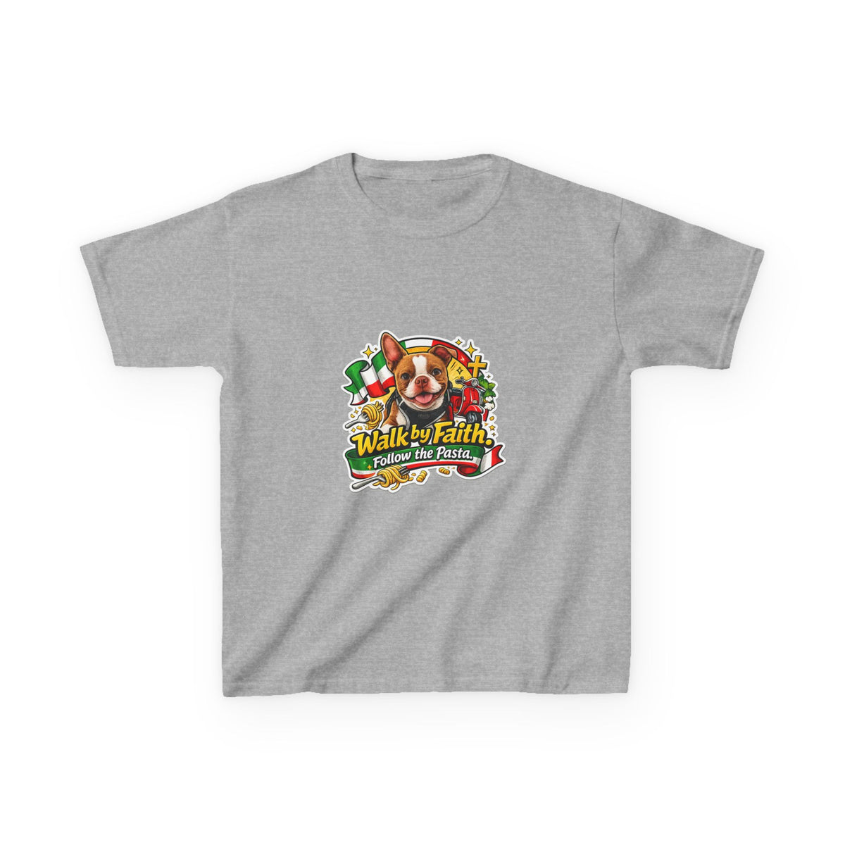 Kids T‑Shirt — “Walk by Faith, Follow the Pasta ” Cute Olli the Boston Terrier Faith Graphic