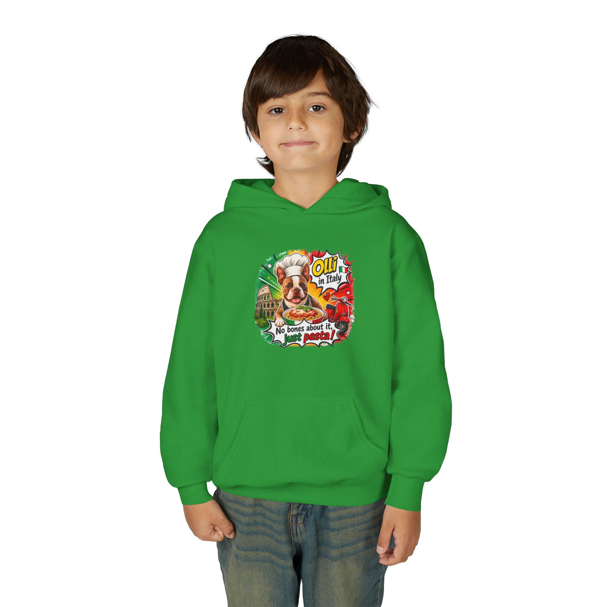 Youth Hoodie — "Olli from Italy" Boston Terrier Christmas Holiday Sweatshirt