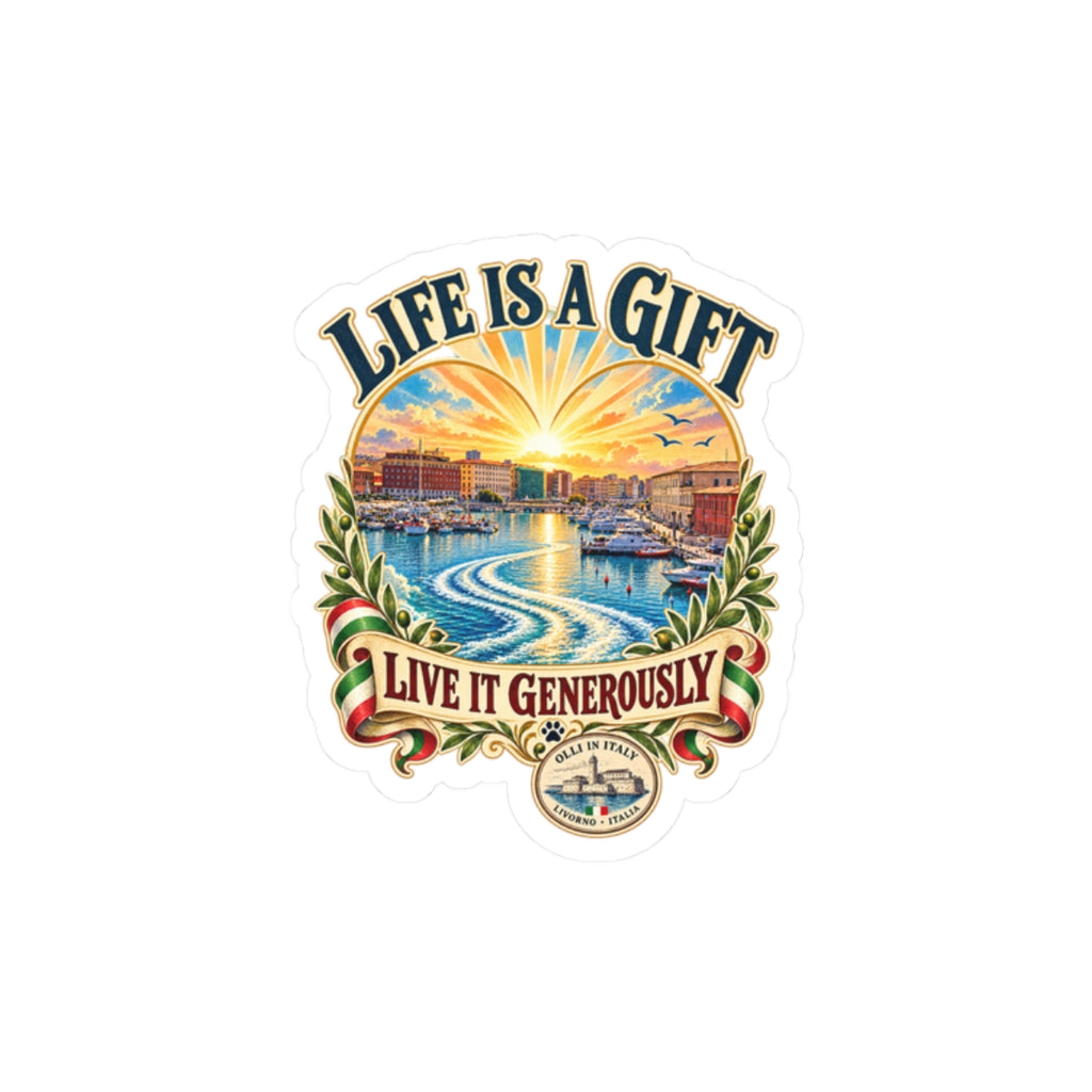 Life Is a Gift Sticker — Scenic Inspirational Kiss-Cut Sticker ("Live It Generously")