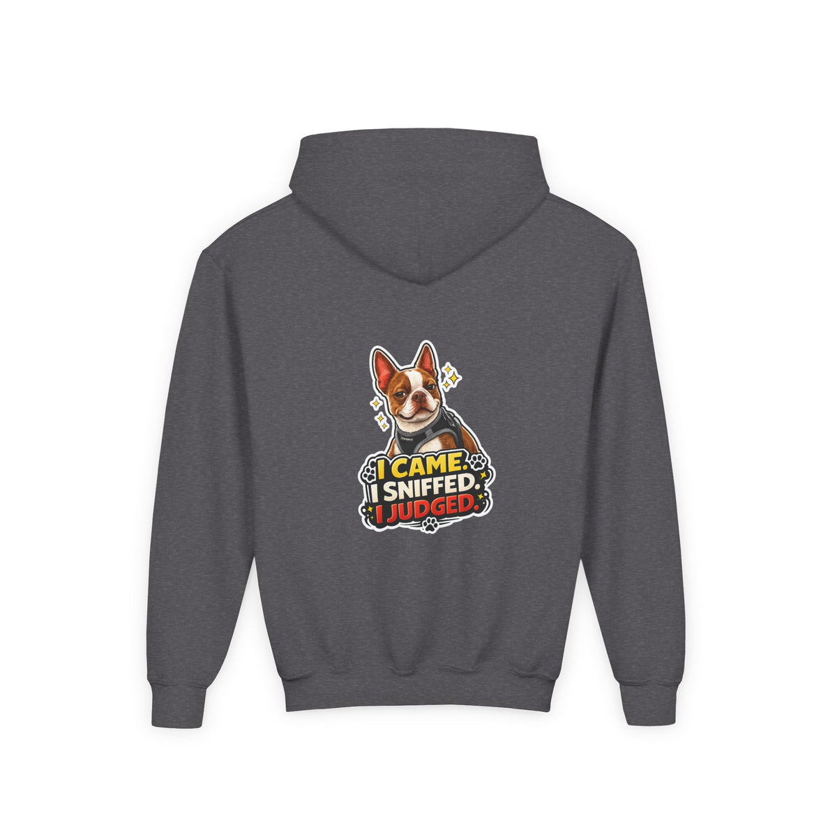 Youth Hoodie — Cute Olli the Boston Terrier ‘My Nose Says This Way’ / ‘I Came, I Sniffed, I Judged’